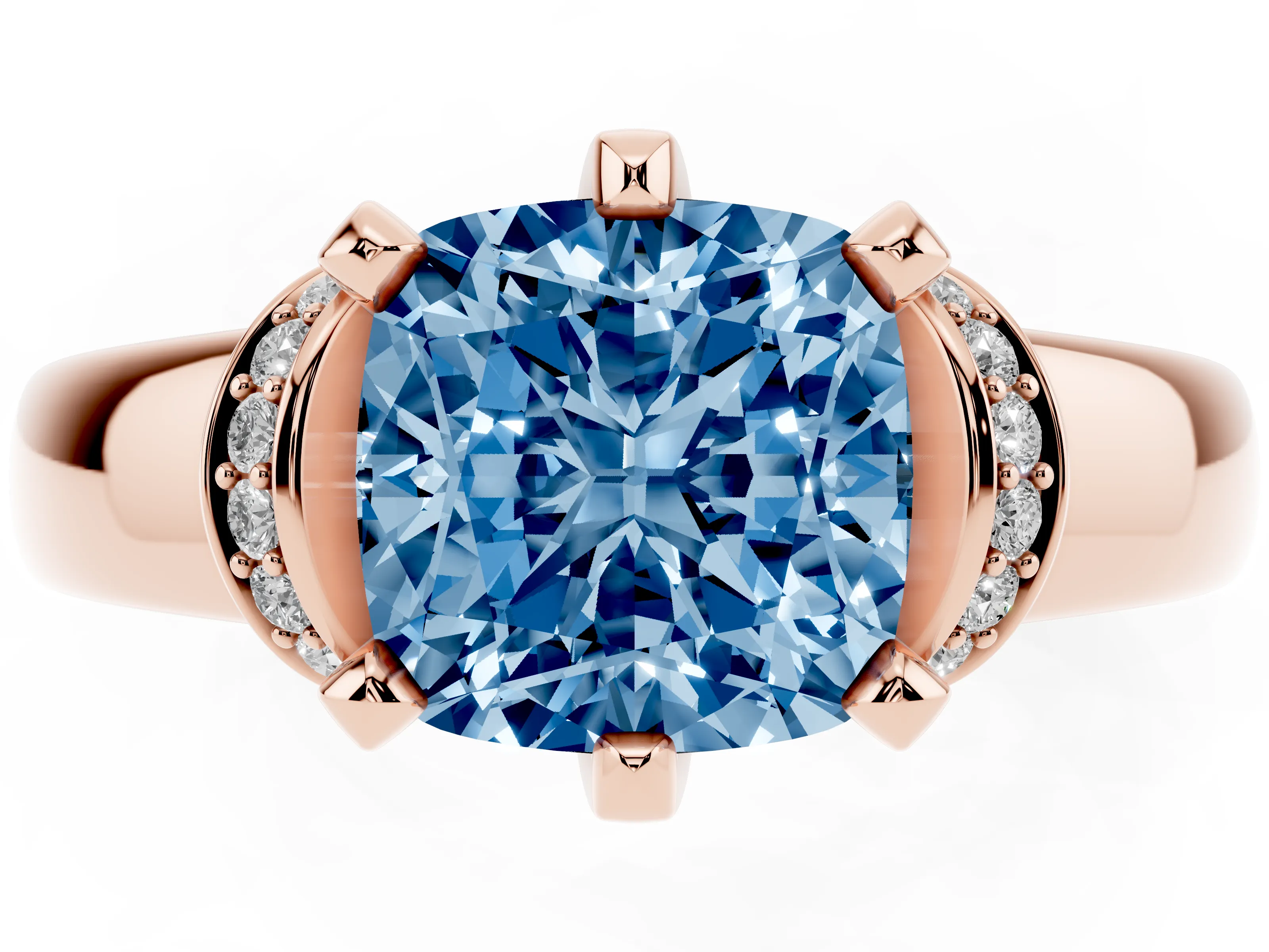 Fancy Blue Cushion Cut Diamond Pavé Band Solitaire Ring Set in Rose gold with Prong Setting