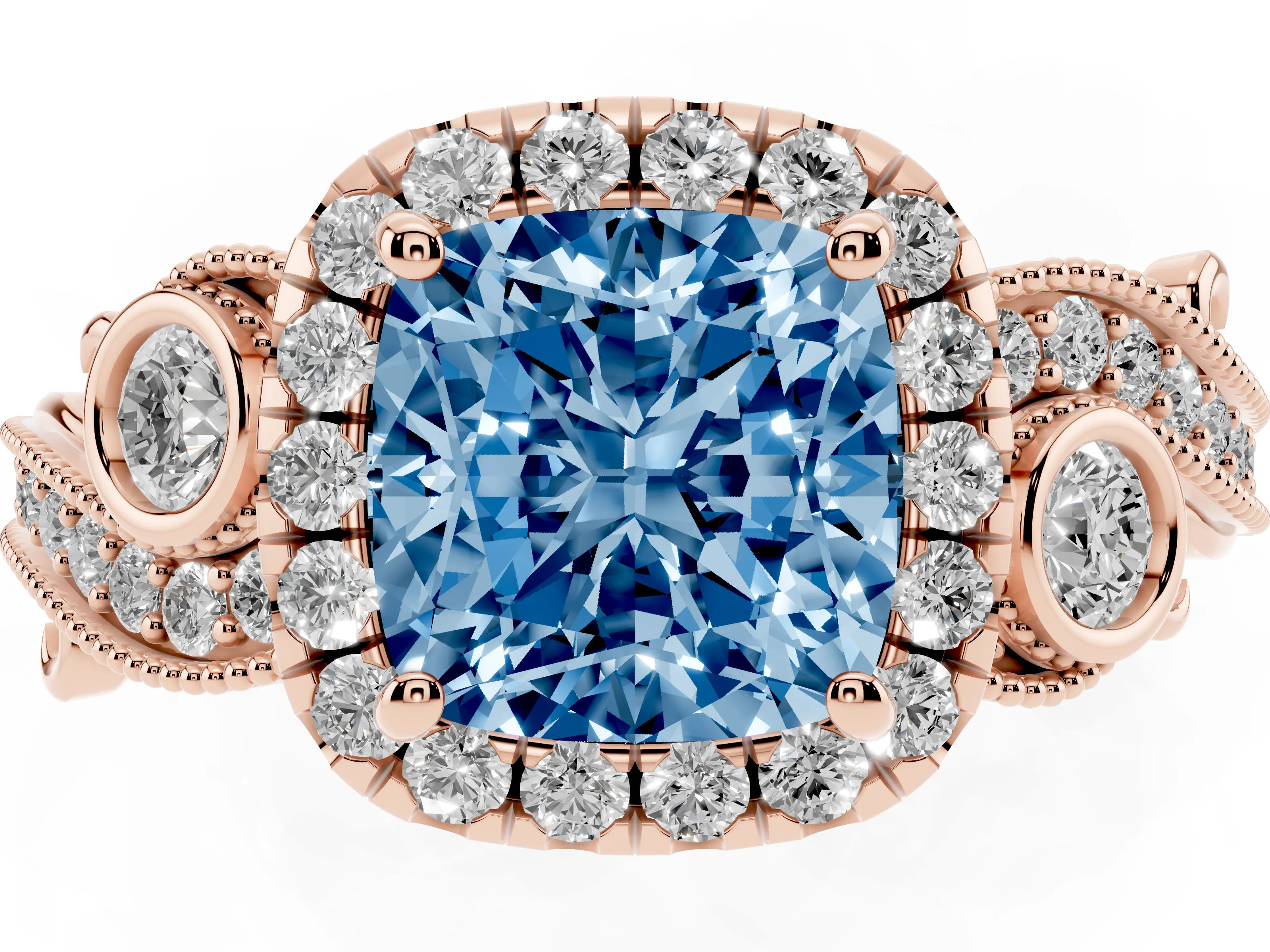 Fancy Blue Cushion Cut Diamond Halo Ring Set in Rose gold with Milgrain Pavé Band and Prong Setting