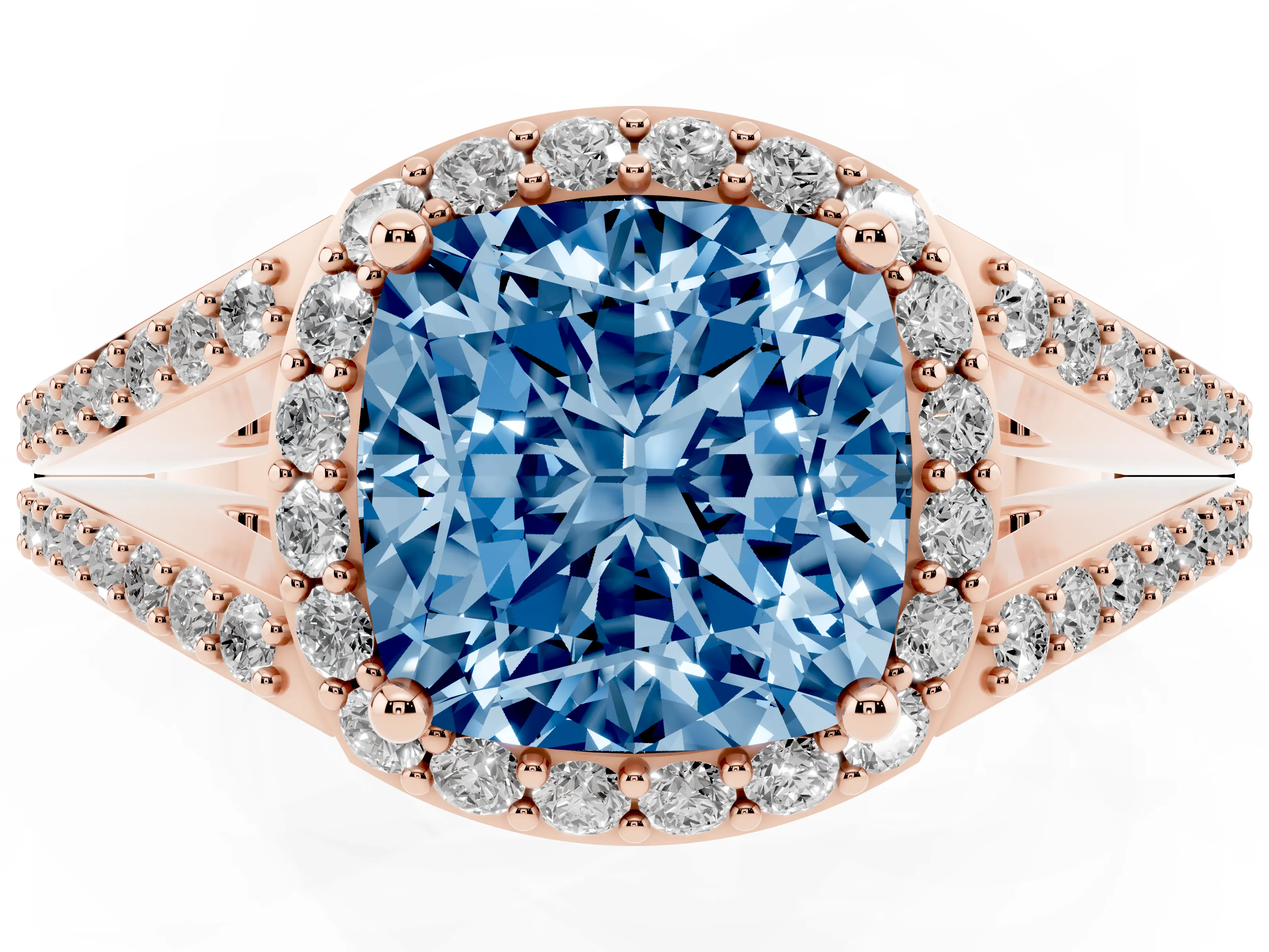 Fancy Blue Cushion Cut Diamond Halo Split Shank Ring Set in Rose gold with Accent Stones and Prong Setting