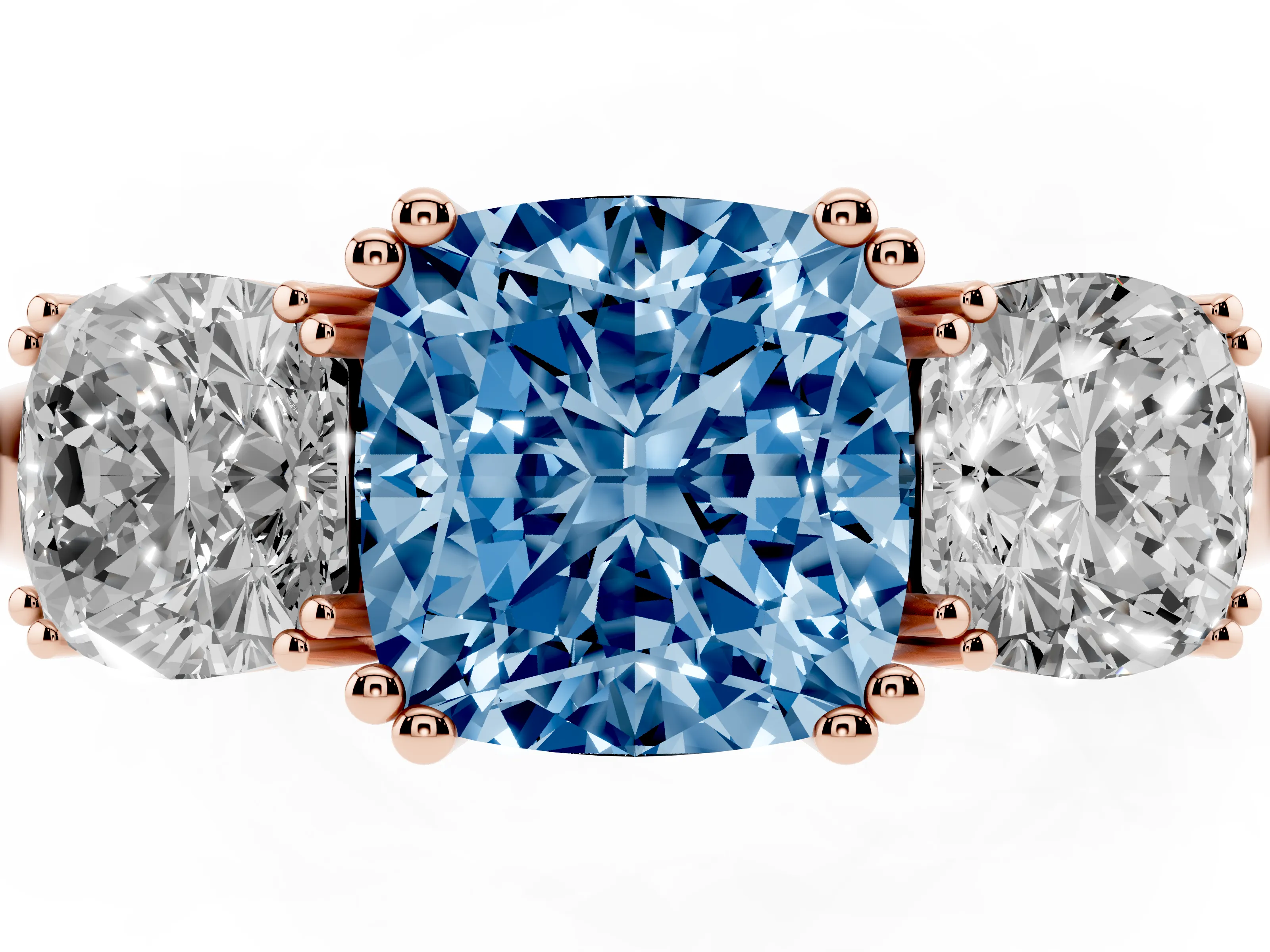 Fancy Blue Cushion Cut Diamond Three-Stone Ring Set in Rose gold with Polished Band and Prong Setting