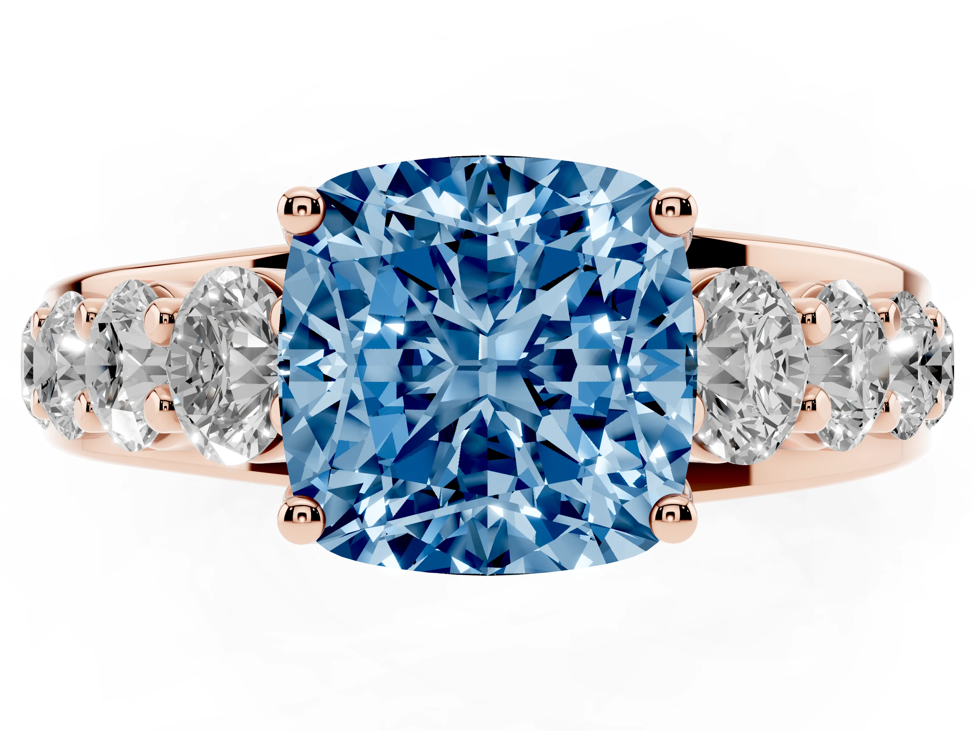 Fancy Blue Cushion Cut Diamond Pavé Engagement Ring Set in Rose gold with Prong Setting