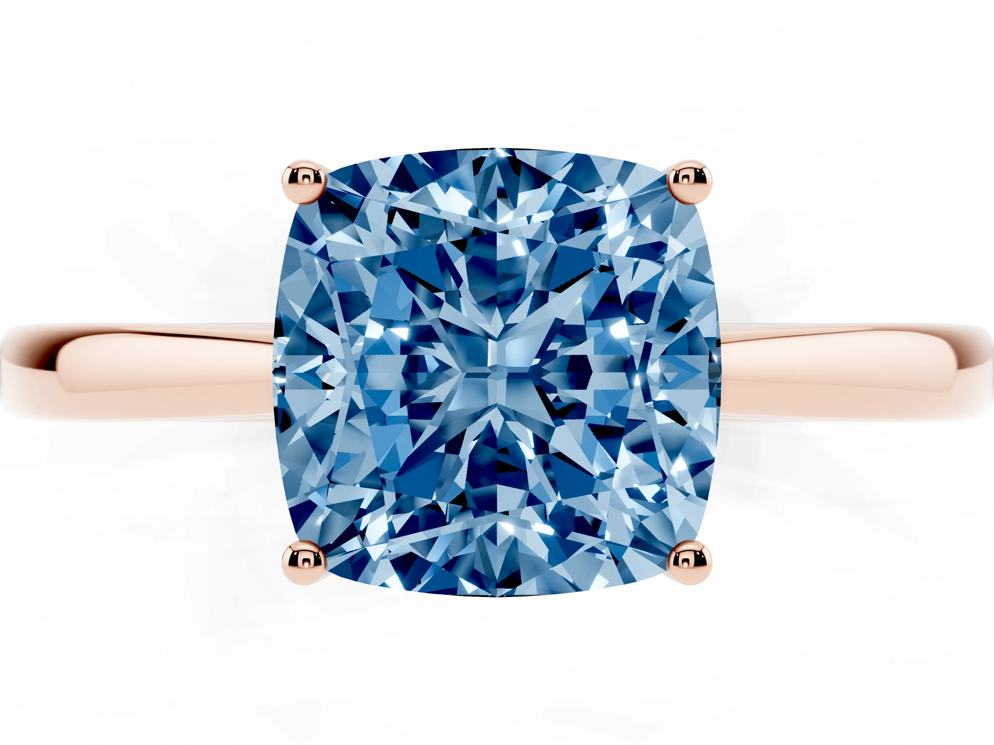 Fancy Blue Cushion Cut Diamond Solitaire Ring Set in Rose gold with Split Shank and Prong Setting