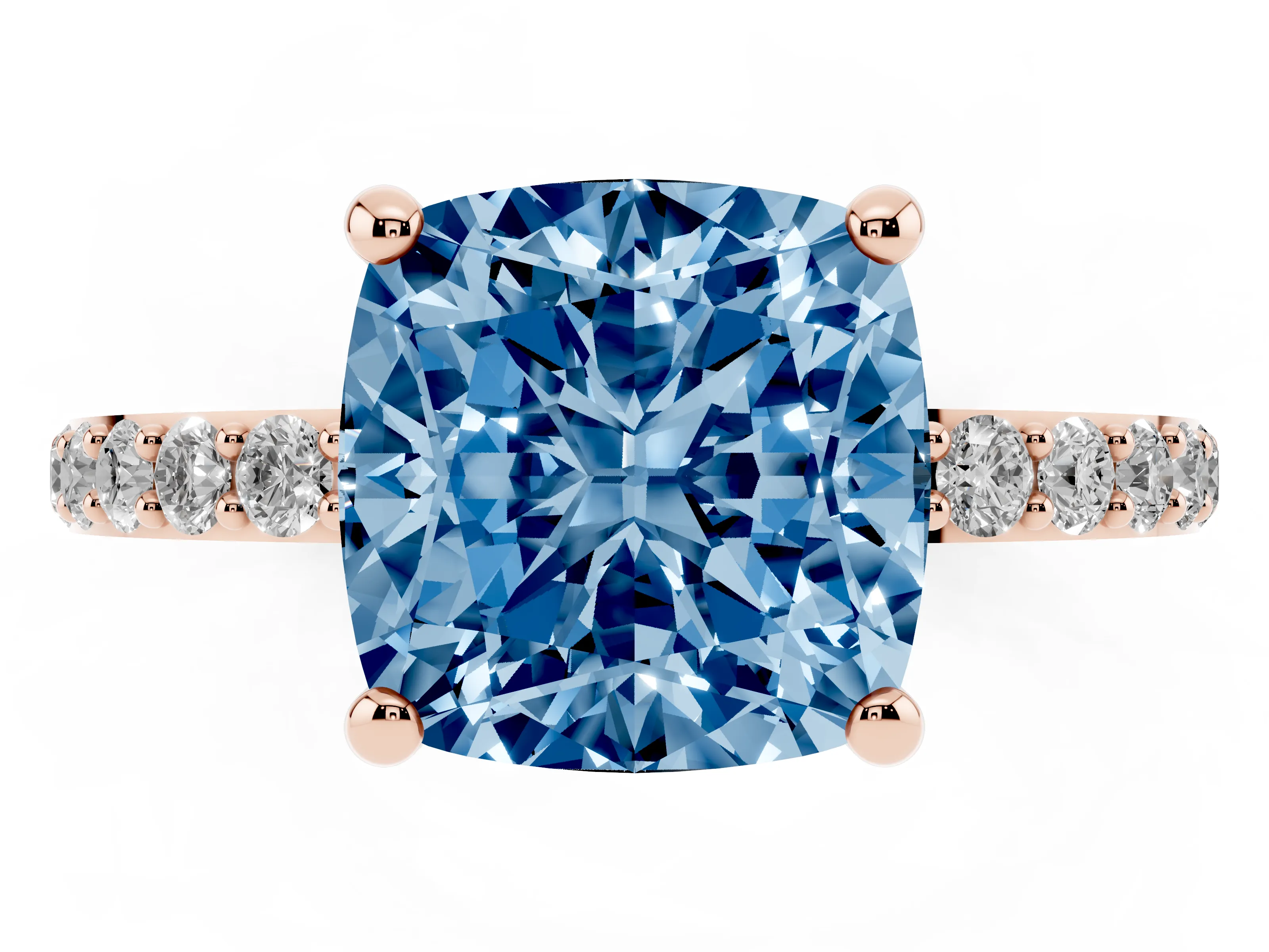 Fancy Blue Cushion Cut Diamond Solitaire Ring Set in Rose gold with Round Pavé Band and Prong Setting