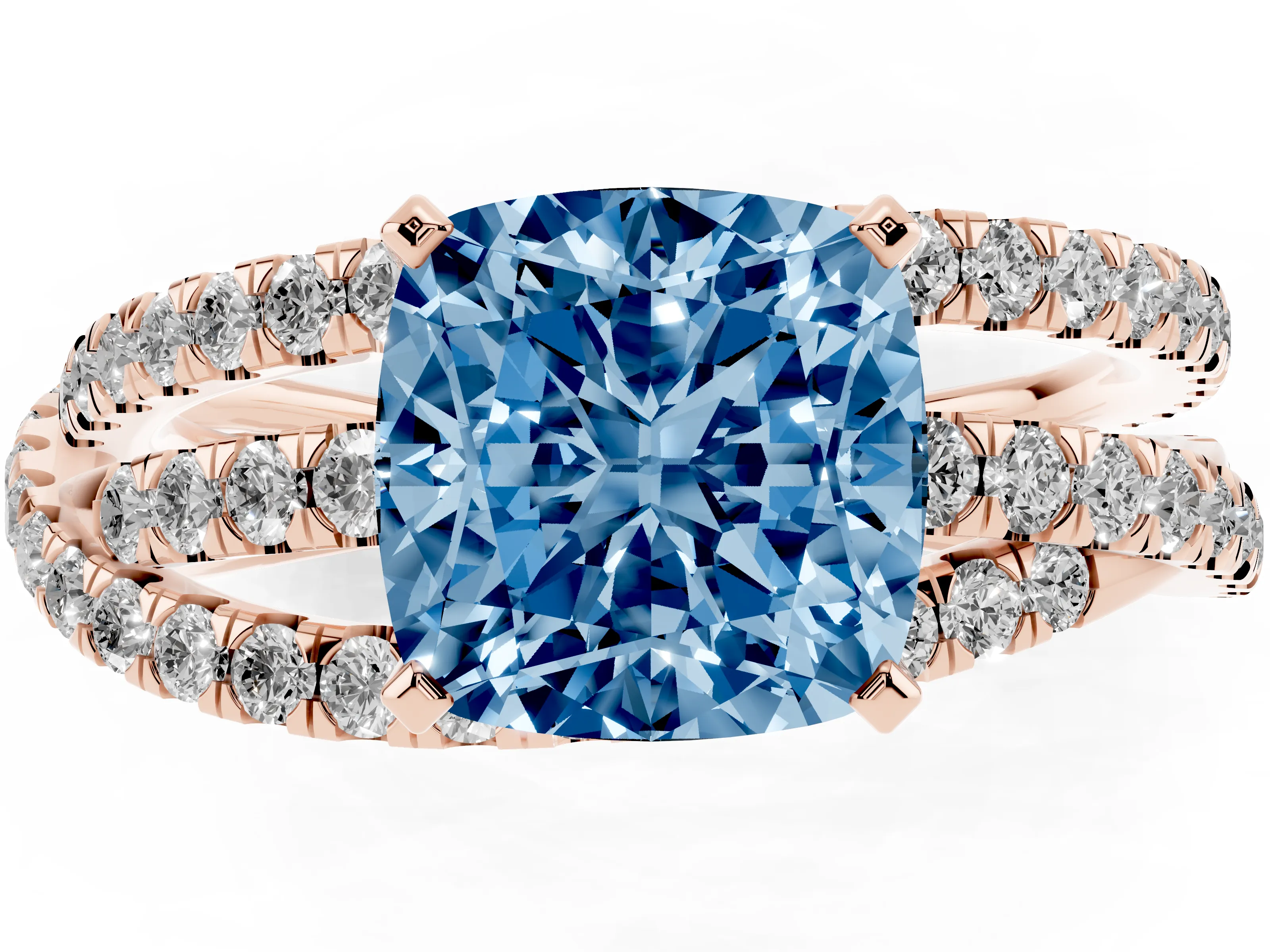 Fancy Blue Cushion Cut Diamond Solitaire Twist Band Ring Set in Rose gold with Pavé Setting and Prong Head