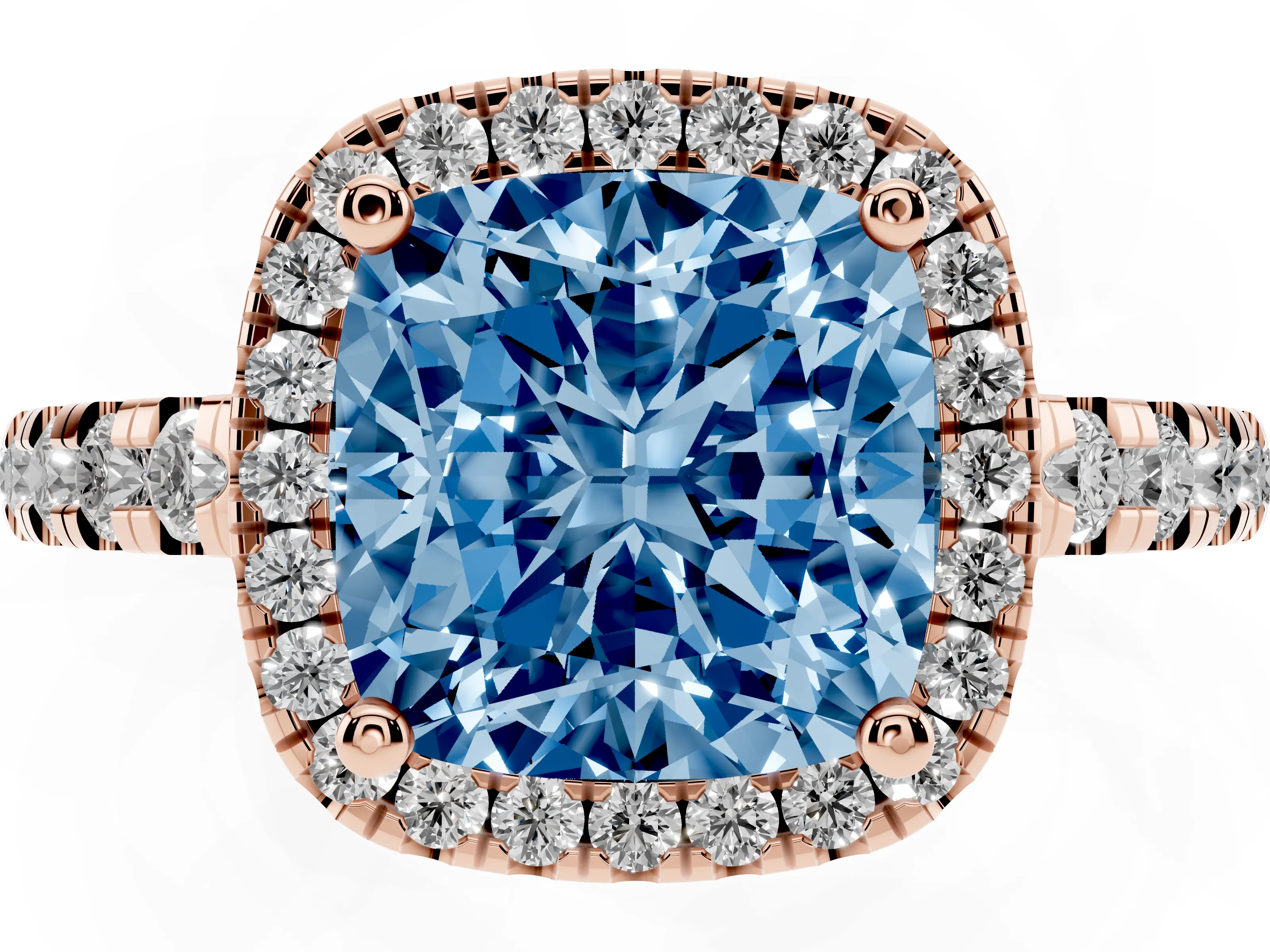 Fancy Blue Cushion Cut Diamond Halo Ring Set in Rose gold with Delicate Pavé Band and Prong Setting