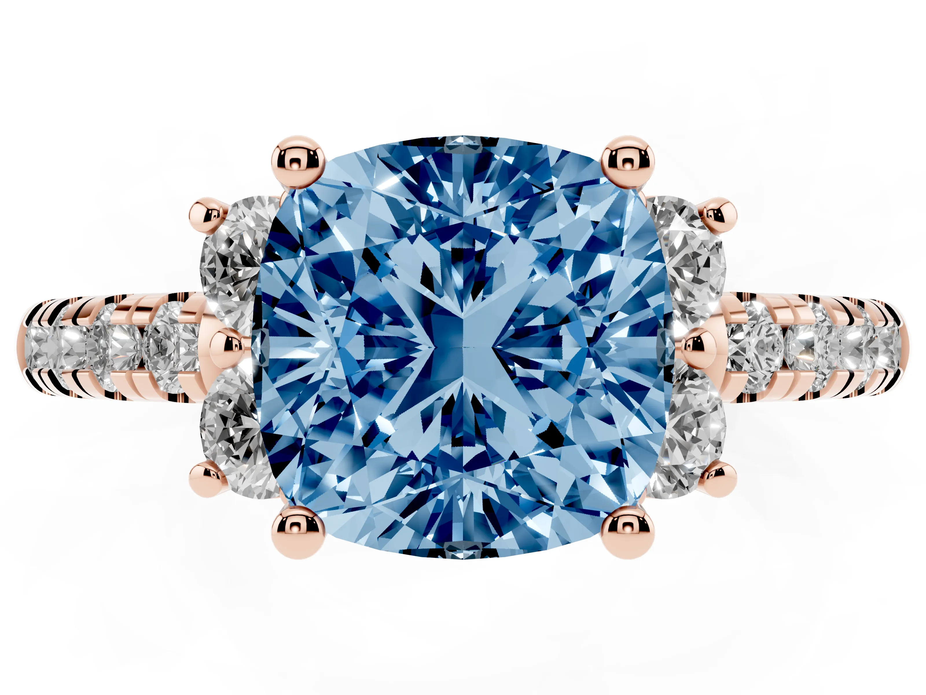 Fancy Blue Cushion Cut Diamond Three-Stone Pavé Ring Set in Rose gold with Prong Setting