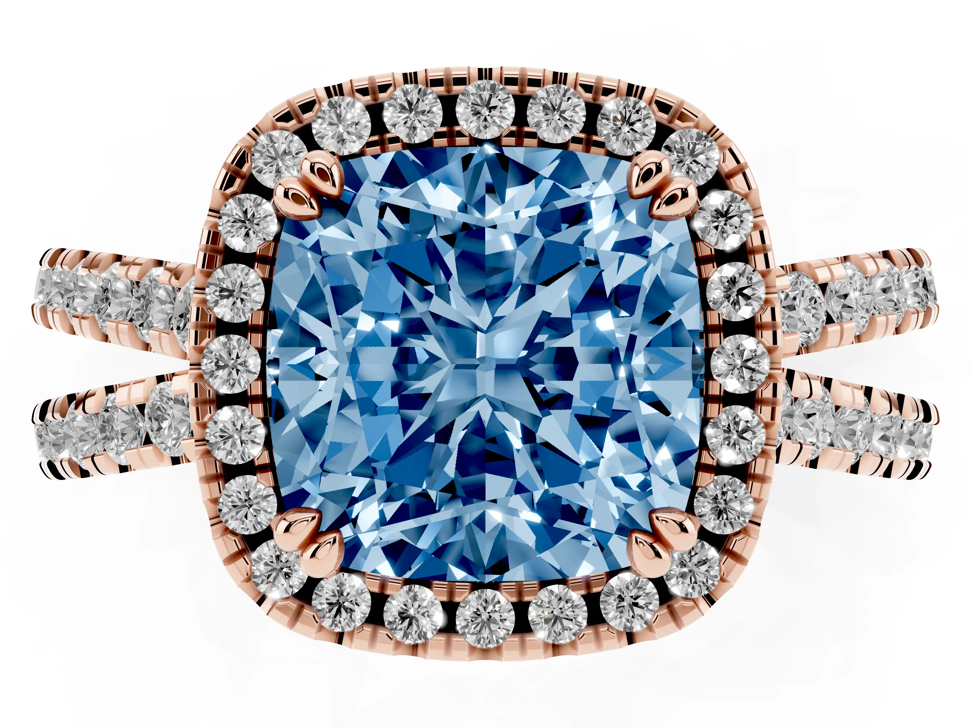 Fancy Blue Cushion Cut Diamond Halo Split Shank Ring Set in Rose gold with Pavé Setting