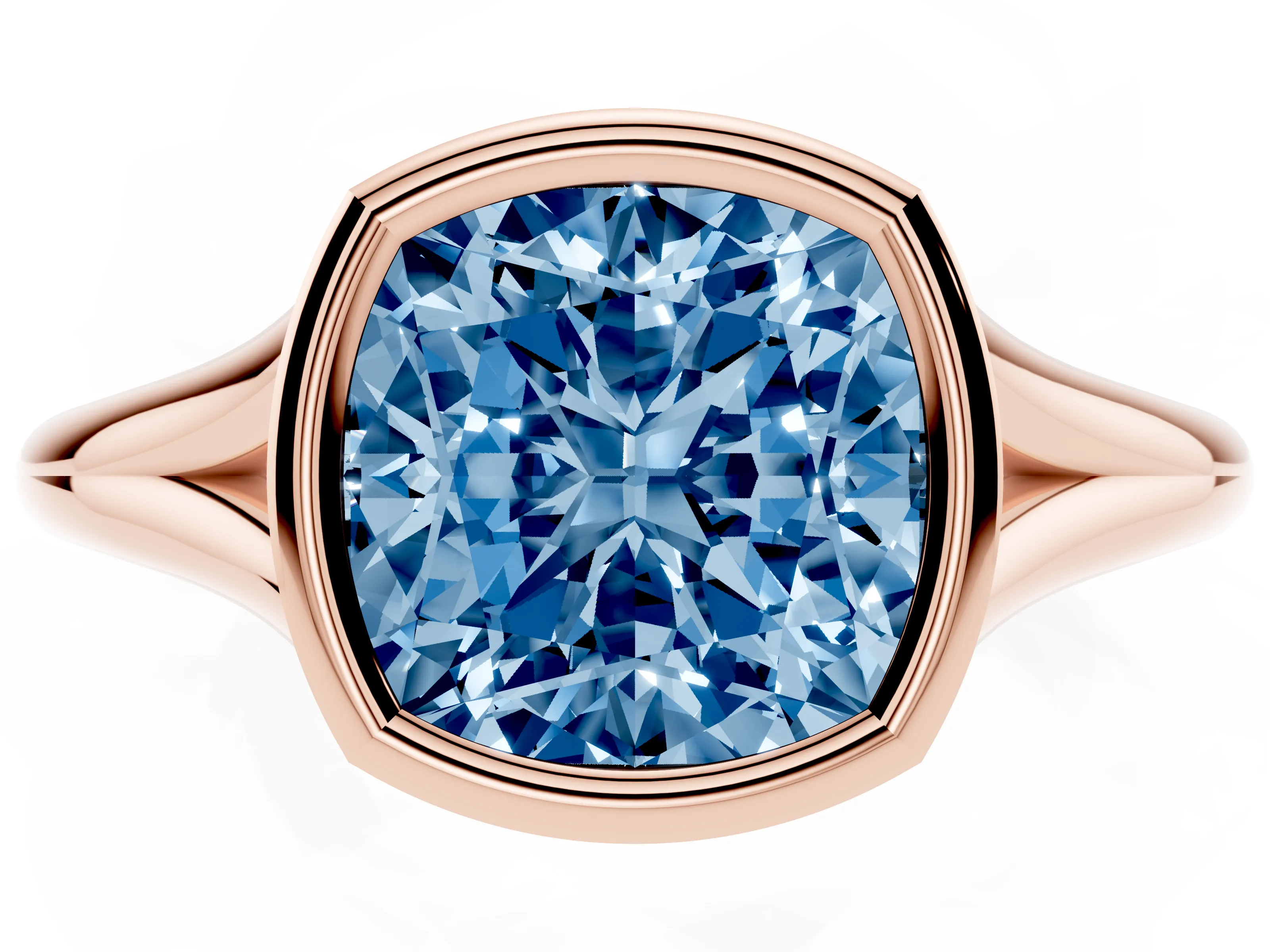 Fancy Blue Bezel Set Cushion Cut Diamond Solitaire Ring Set in Rose gold with Tapered Band