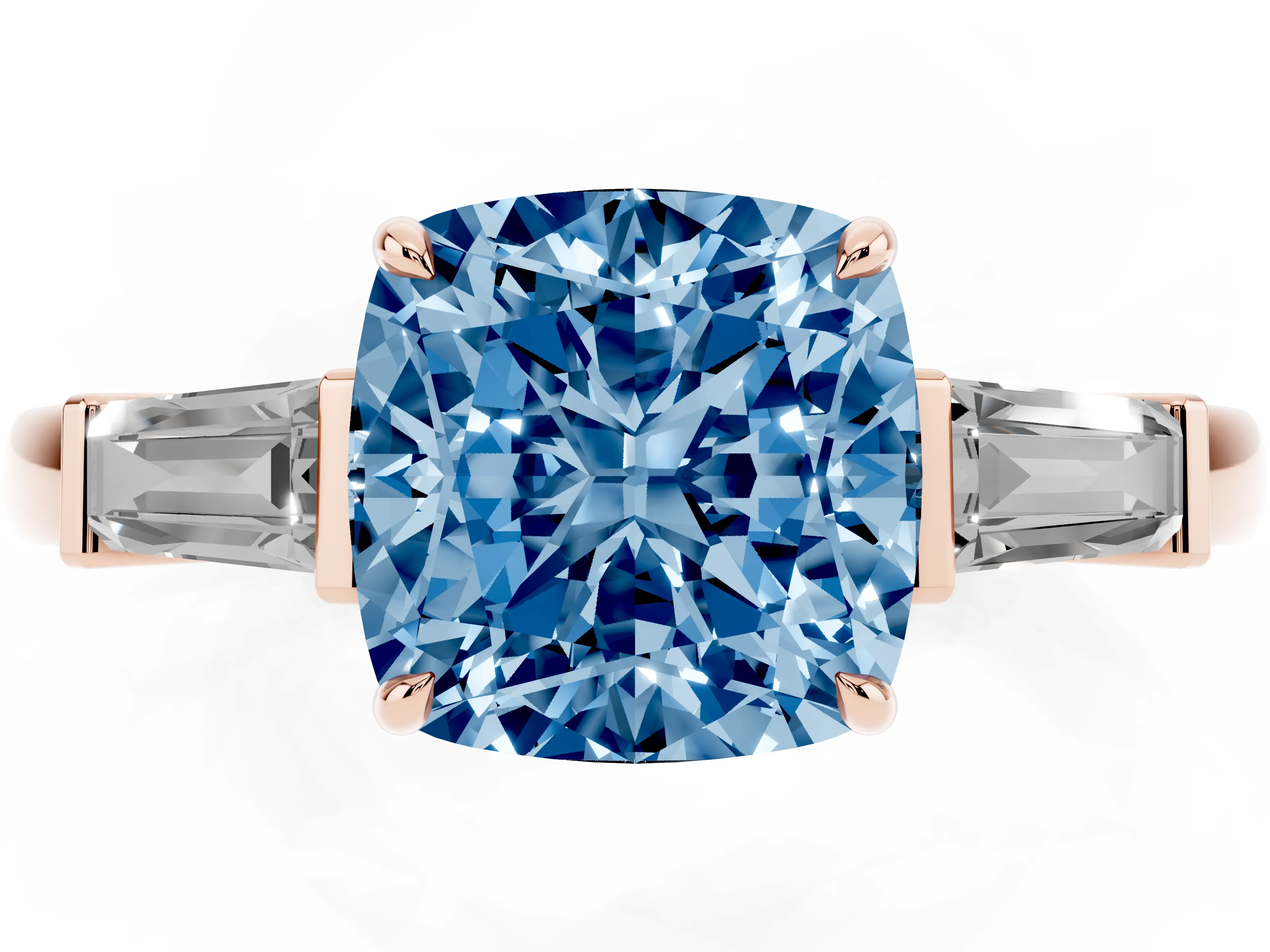 Fancy Blue Cushion Cut Diamond Three-Stone Ring Set in Rose gold with Tapered Baguette Side Stones and Prong Setting