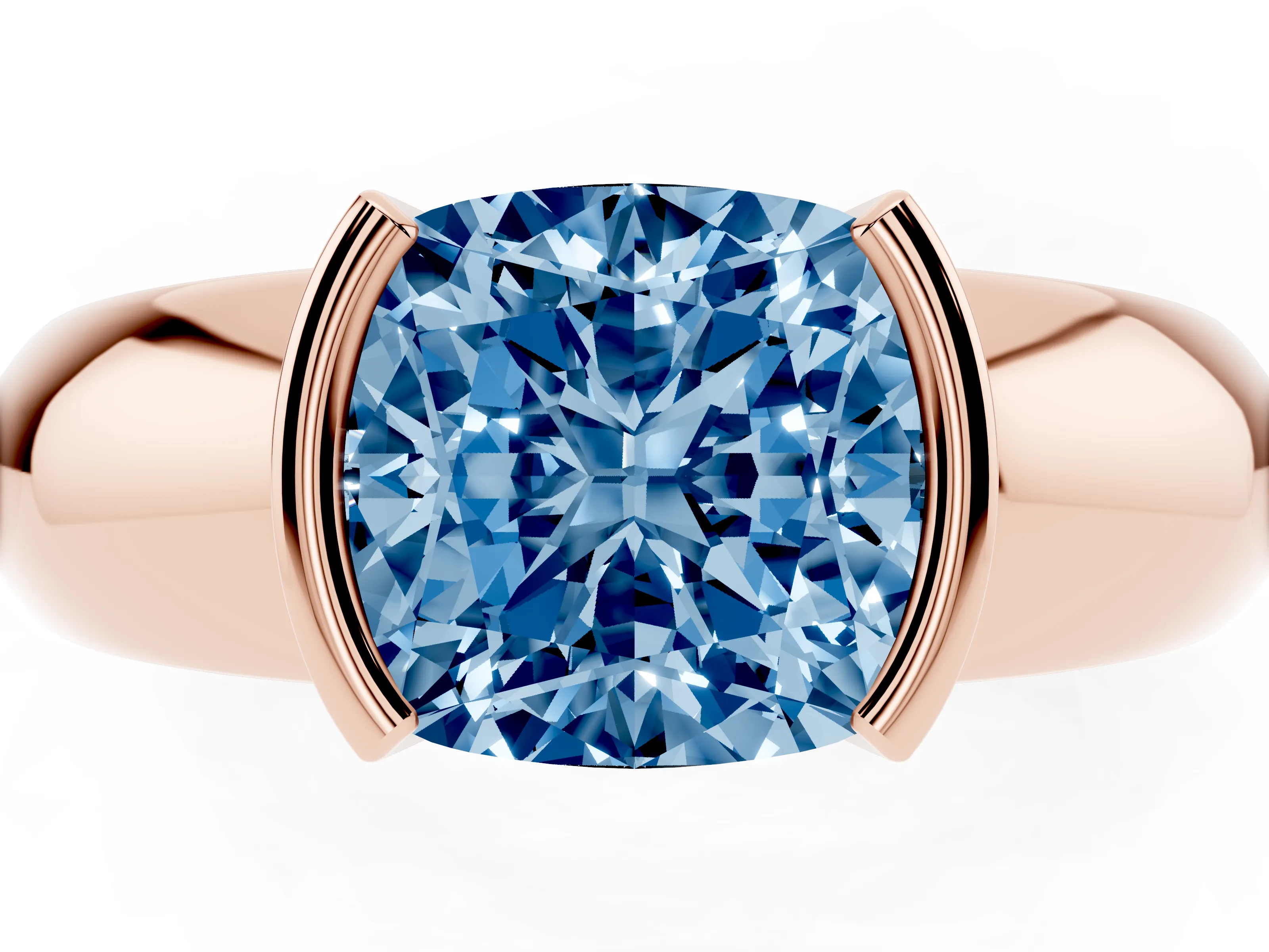 Fancy Blue Cushion Cut Diamond Solitaire Tension Set Ring Set in Rose gold with Wide Band