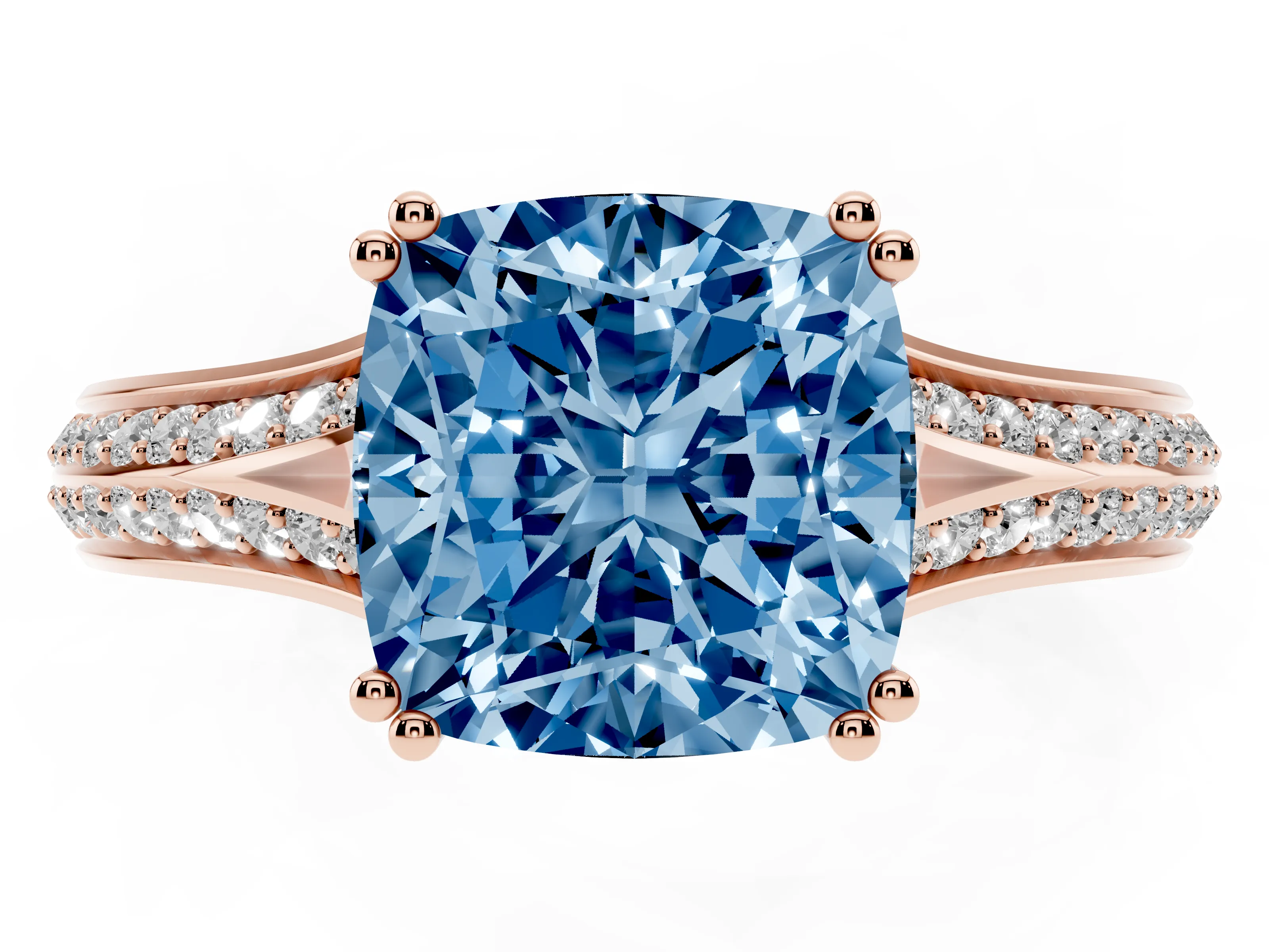 Fancy Blue Cushion Cut Diamond Split Shank Pavé Engagement Ring Set in Rose gold with Prong-Set Center Stone