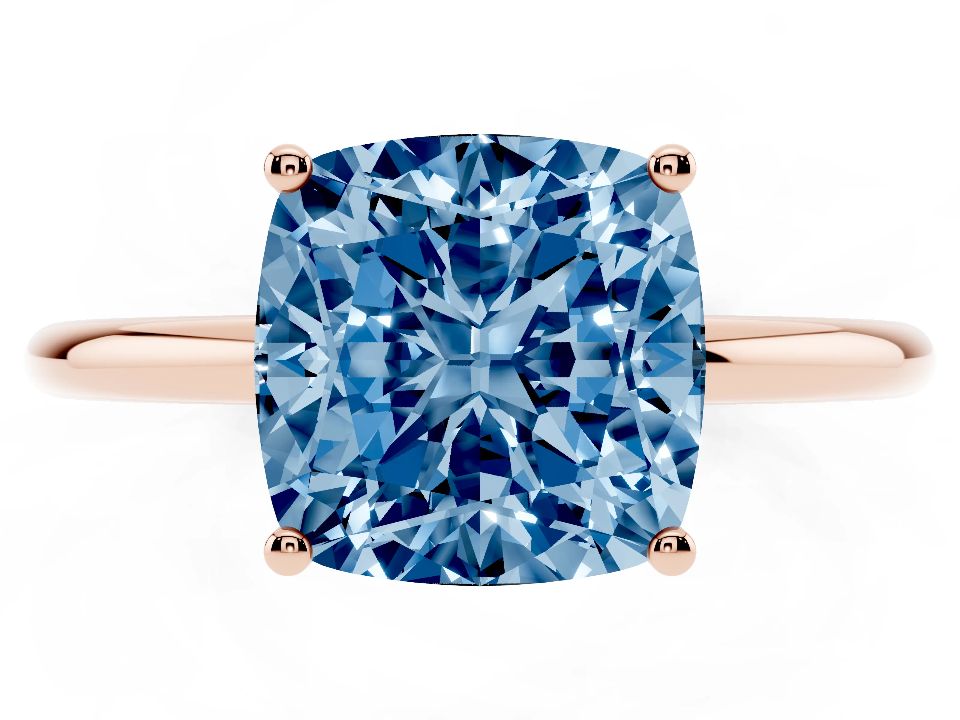 Fancy Blue Cushion Cut Diamond Solitaire Engagement Ring Set in Rose gold with Thin Band and Prong Setting