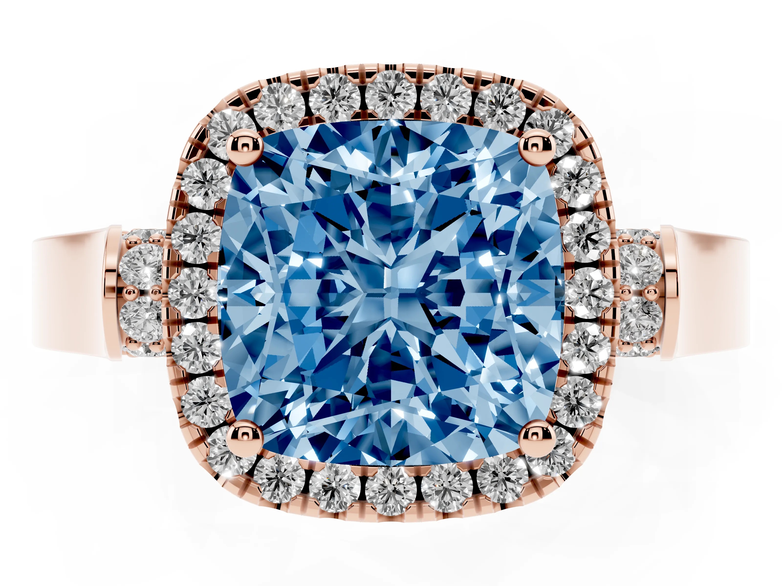 Fancy Blue Cushion Cut Diamond Halo Ring Set in Rose gold with Pavé-Lined Split Shank Band