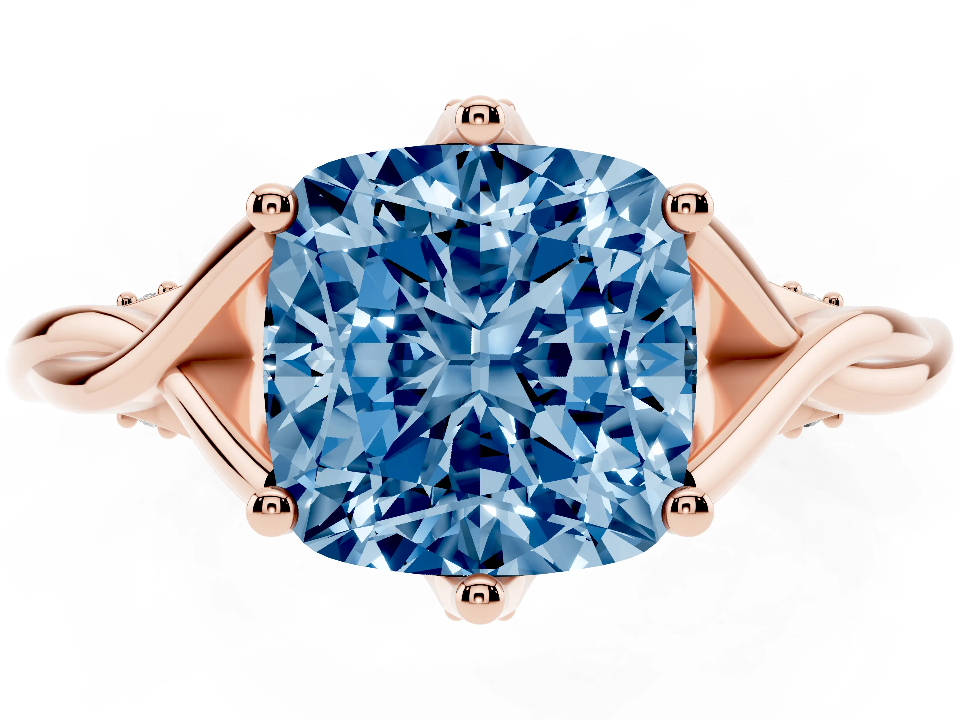 Fancy Blue Cushion Cut Diamond Intertwined Twist Band Solitaire Ring Set in Rose gold with Prong Setting