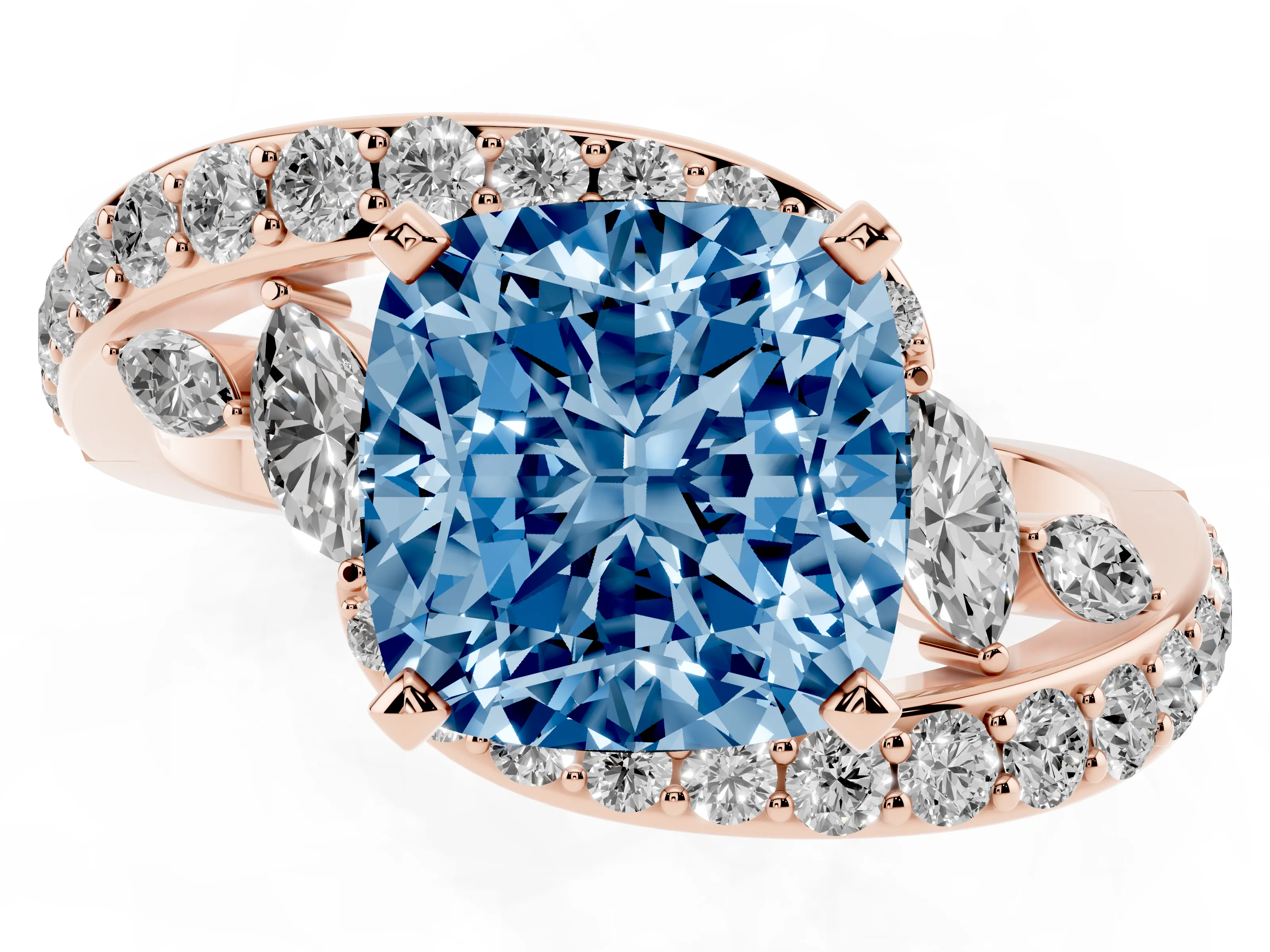 Fancy Blue Cushion Cut Diamond Solitaire Ring Set in Rose gold with Pavé Twist Band and Secure Prong Setting