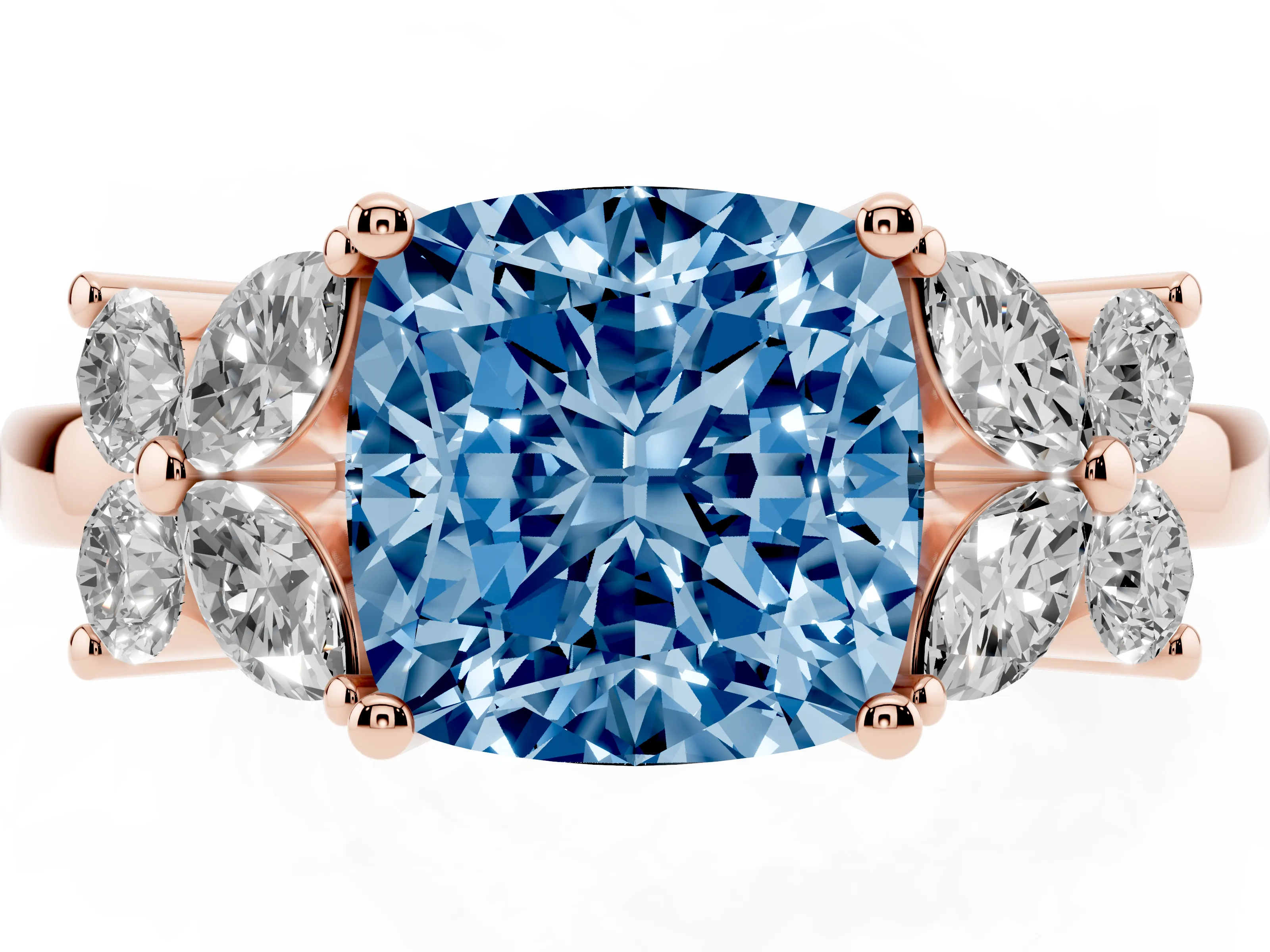 Fancy Blue Cushion Cut Diamond Floral Cluster Ring Set in Rose gold with Marquise Petals and Prong Setting