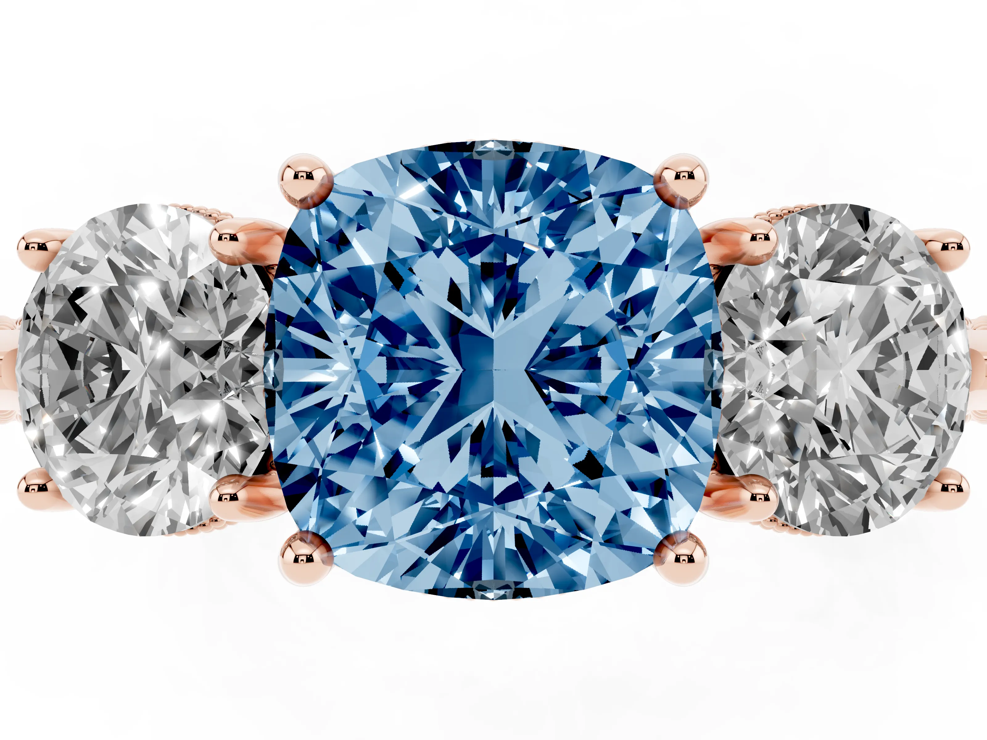 Fancy Blue Cushion Cut Diamond Three-Stone Ring Set in Rose gold with Milgrain Band