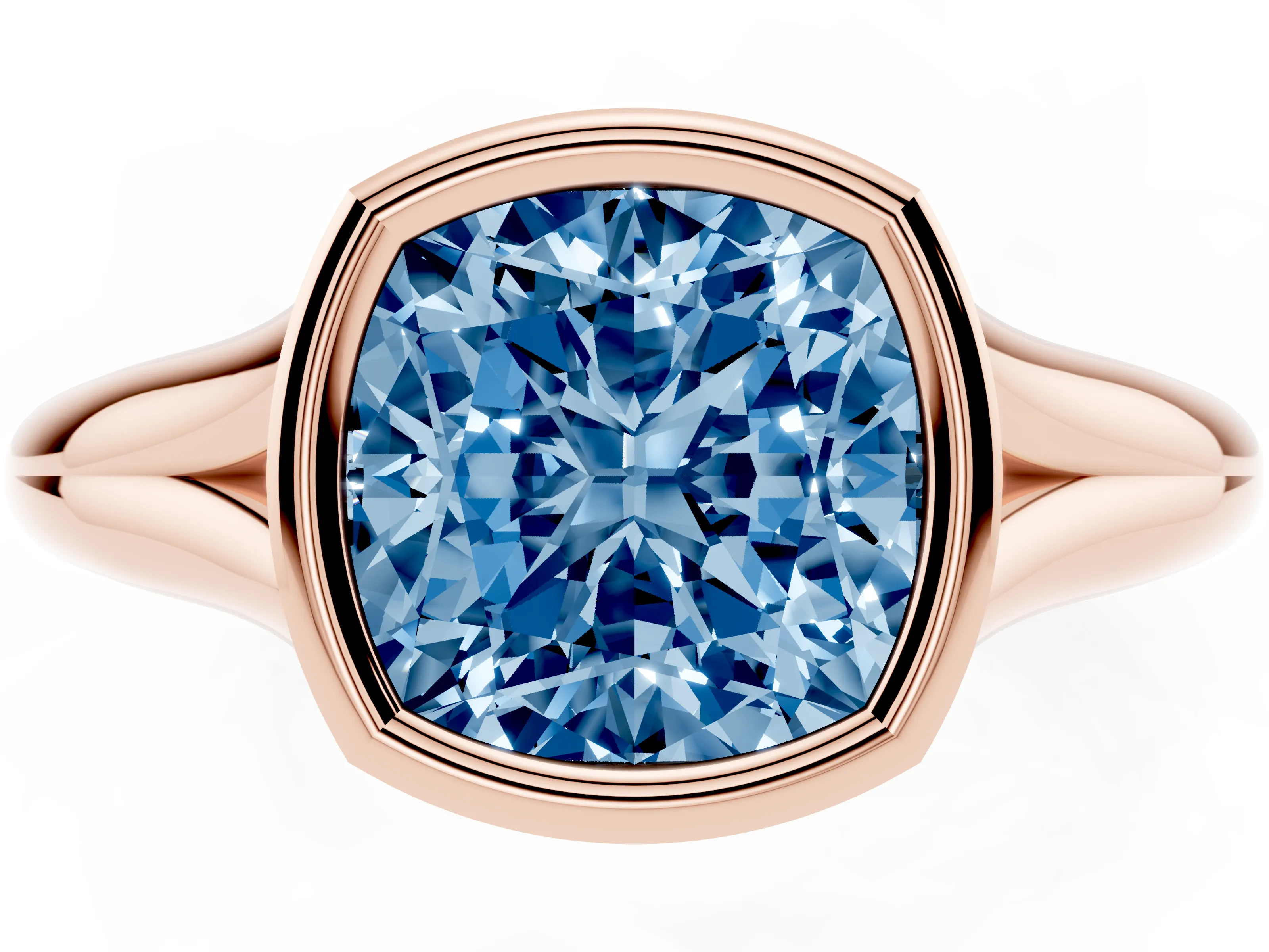 Fancy Blue Bezel Set Cushion Cut Diamond Solitaire Ring Set in Rose gold with Smooth Band