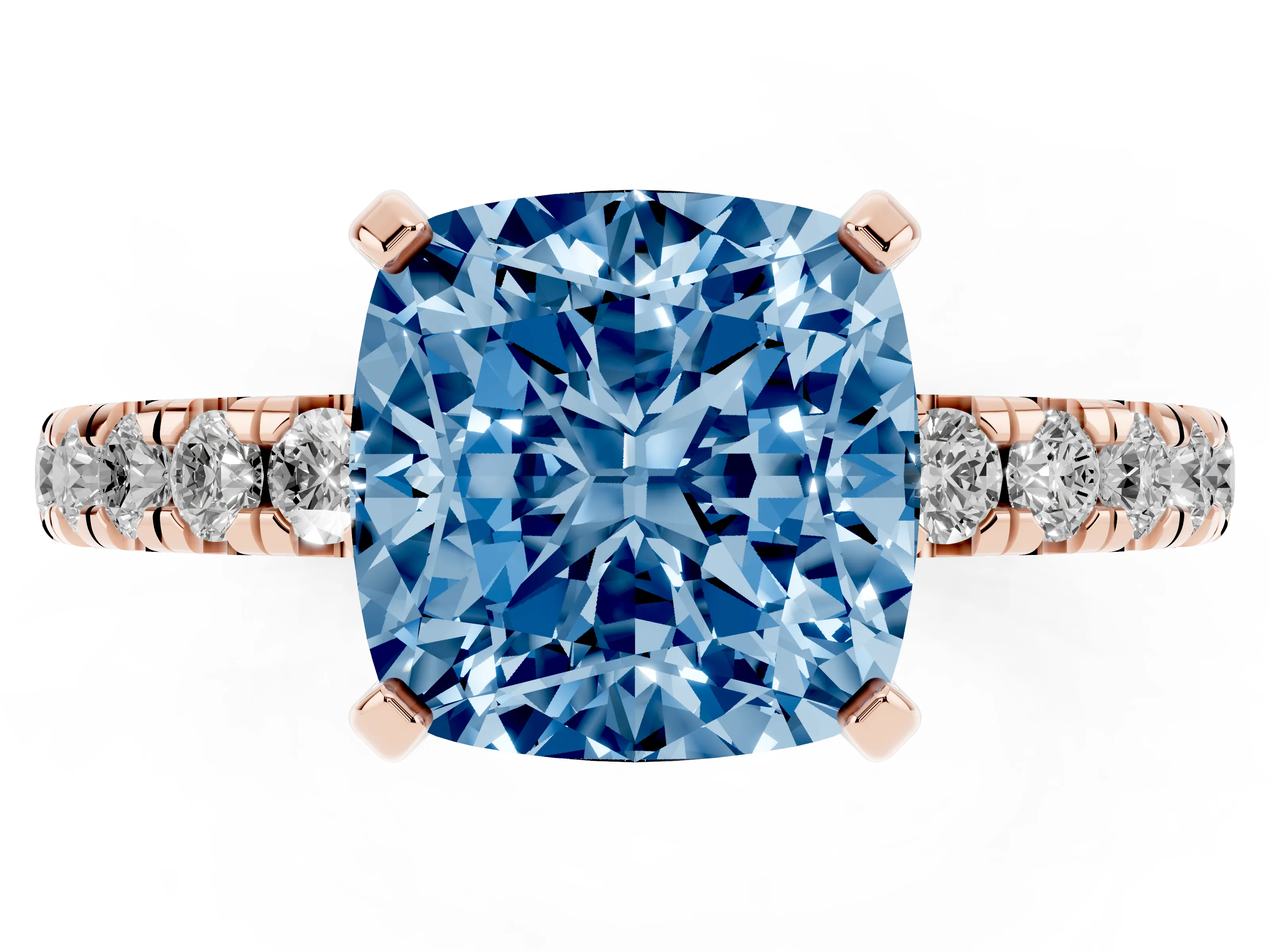 Fancy Blue Cushion Cut Diamond Pavé Solitaire Ring Set in Rose gold with Round Band and Prong Setting