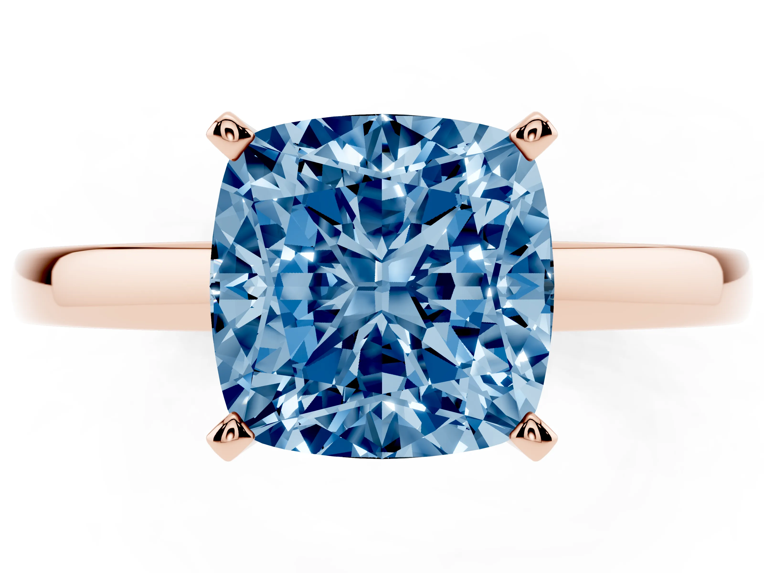 Fancy Blue Cushion Cut Diamond Solitaire Engagement Ring Set in Rose gold with Prong Setting on a Classic Band