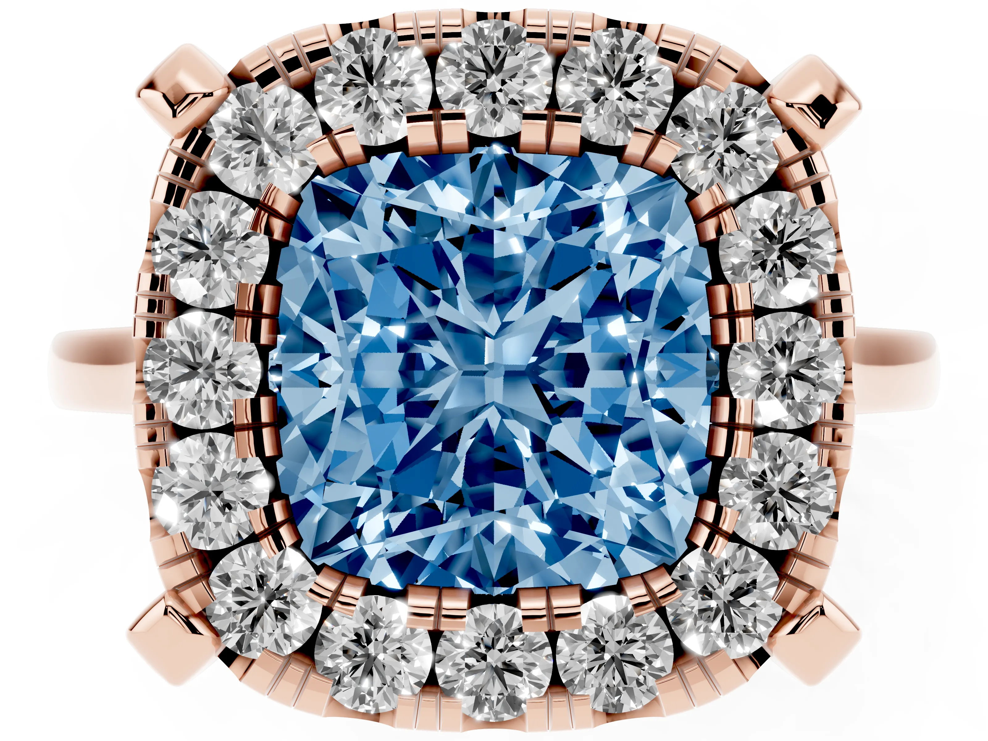 Fancy Blue Cushion Cut Diamond Cluster Halo Solitaire Ring Set in Rose gold with Prong Setting