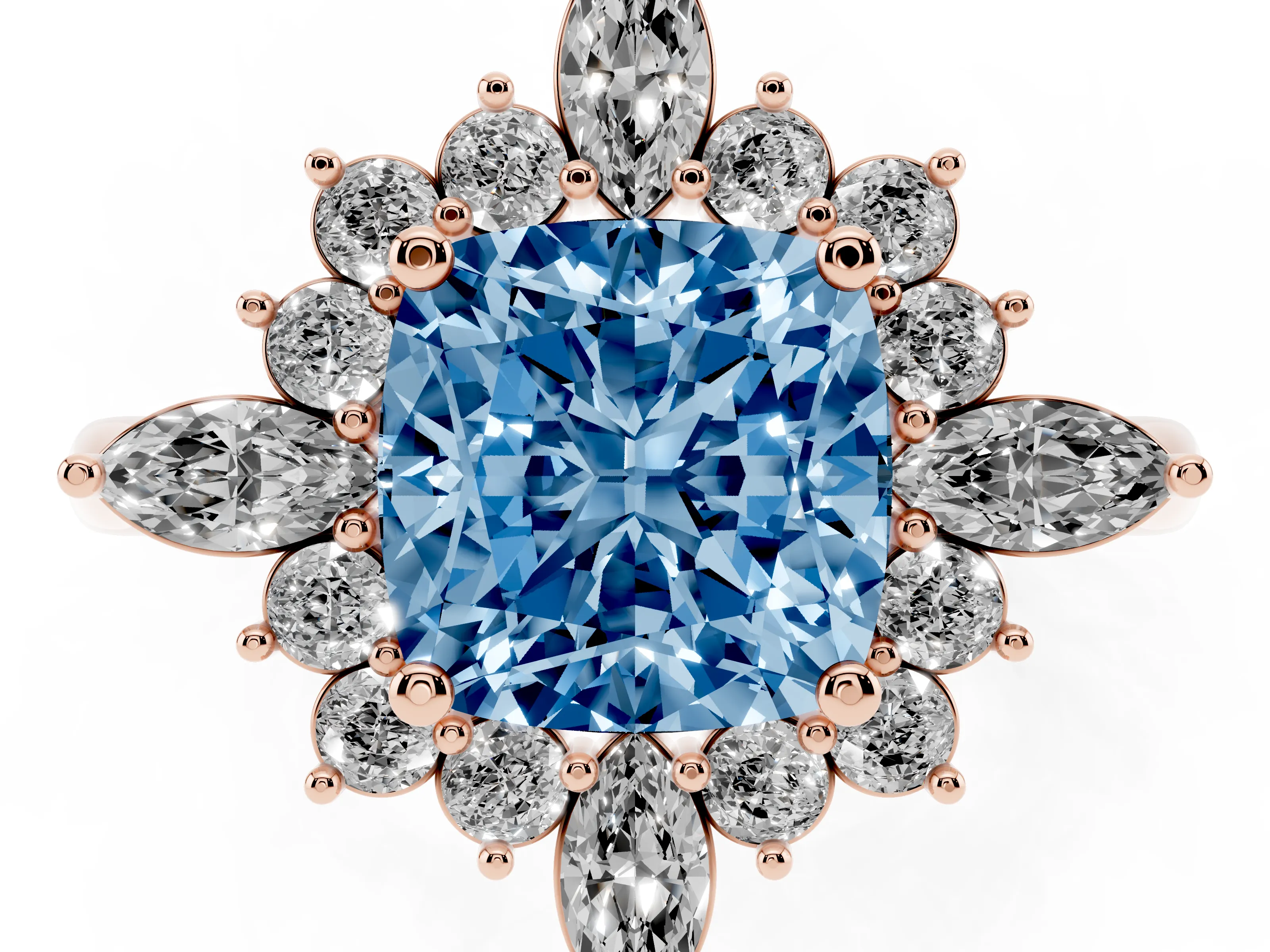 Fancy Blue Cushion Cut Diamond Cluster Halo Ring Set in Rose gold with Marquise and Round Accents