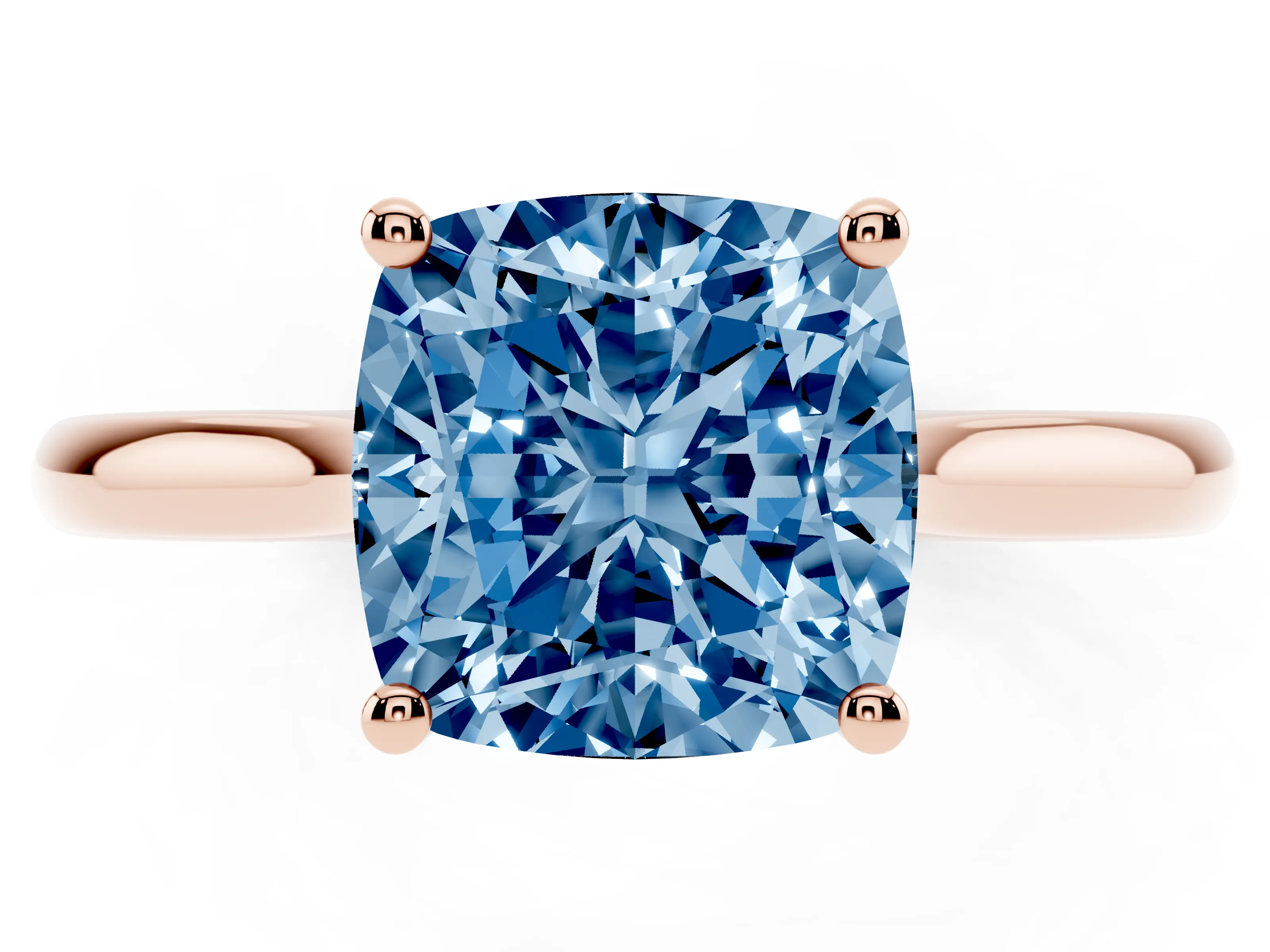 Fancy Blue Cushion Cut Diamond Solitaire Ring Set in Rose gold with Cathedral Band and Prong Setting