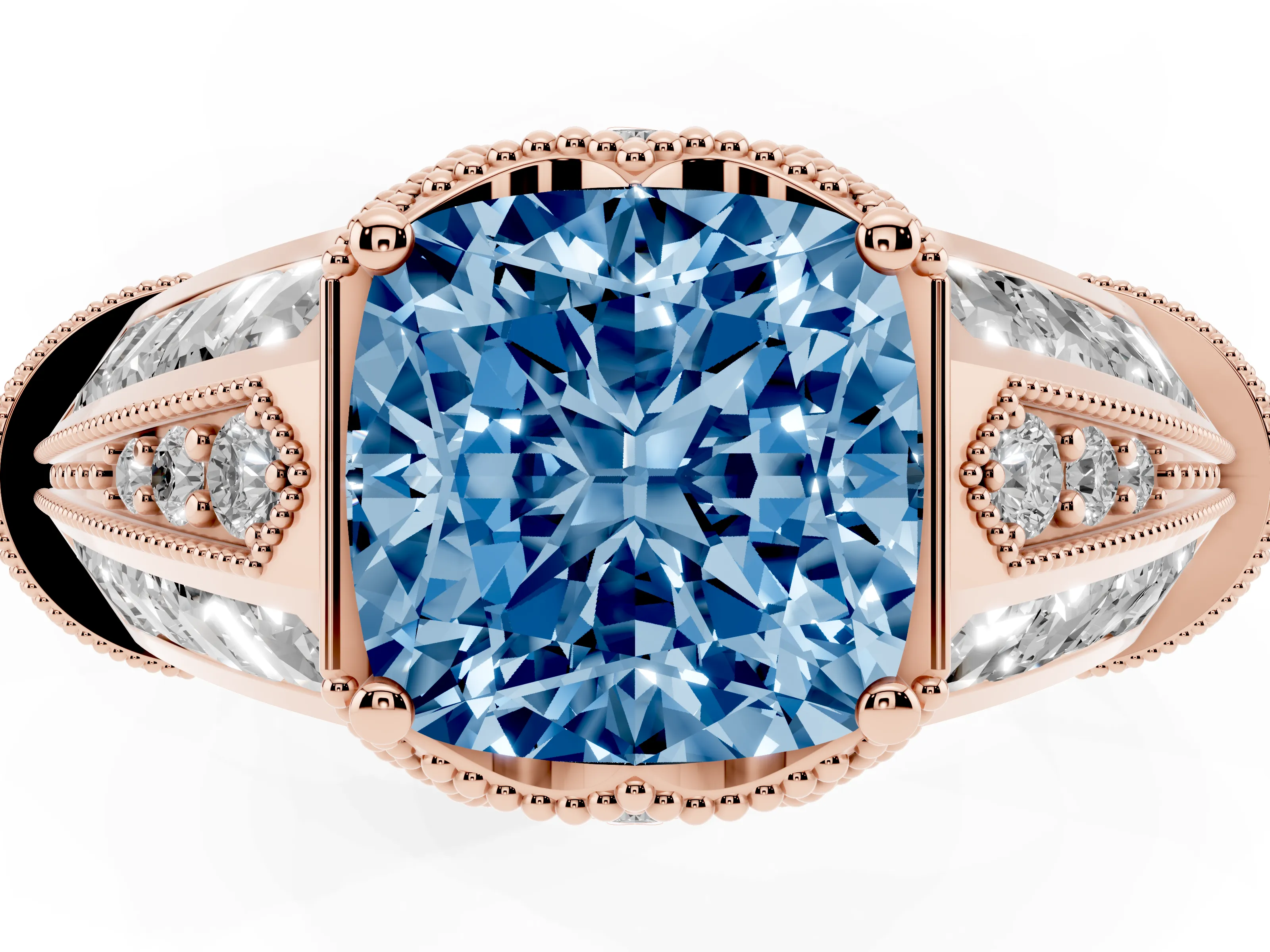 Fancy Blue Cushion Cut Diamond Vintage-Inspired Milgrain Ring Set in Rose gold with Accent Split Shank