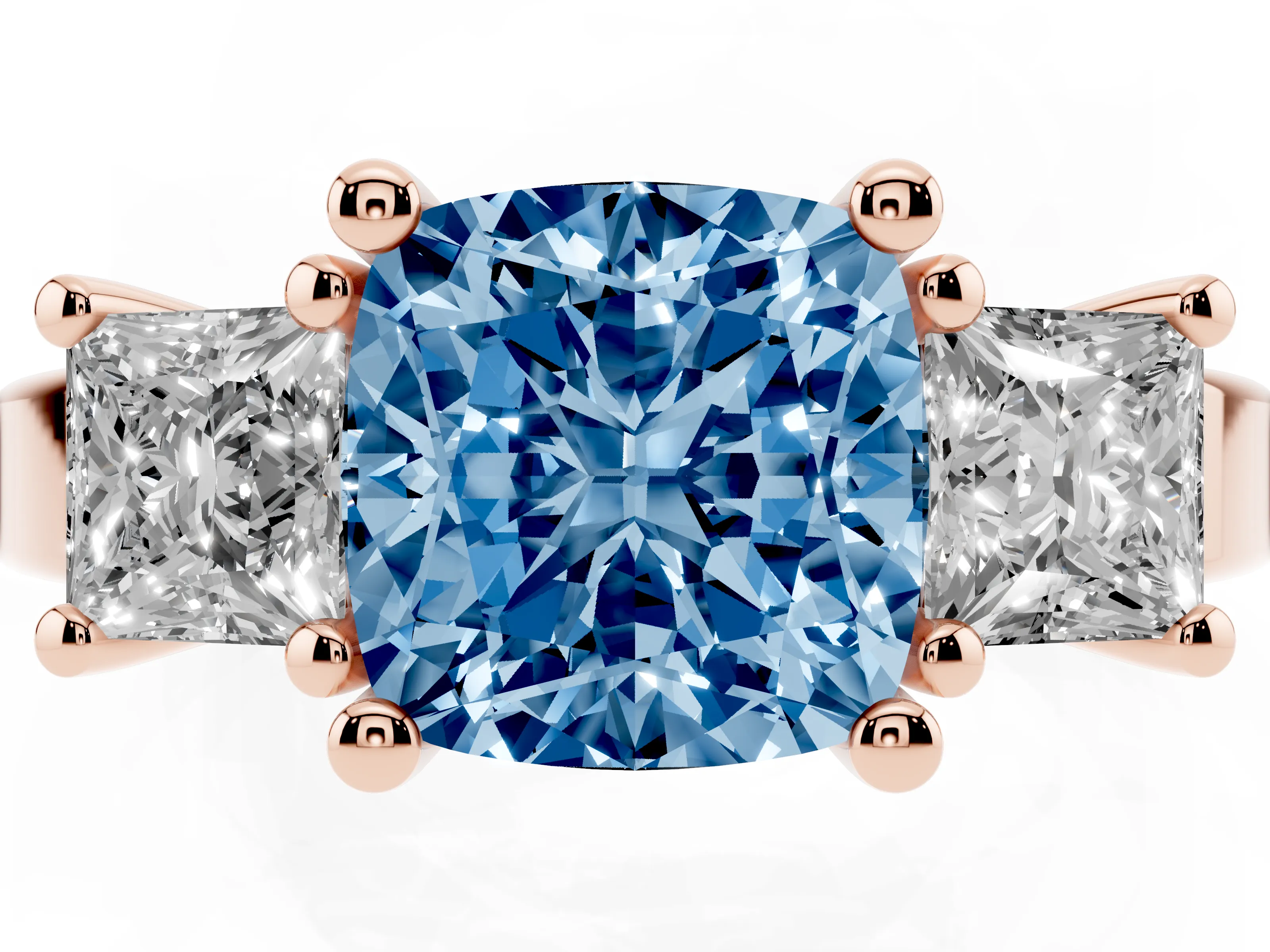 Fancy Blue Three-Stone Cushion Cut Diamond Solitaire Ring Set in Rose gold with Prong Setting