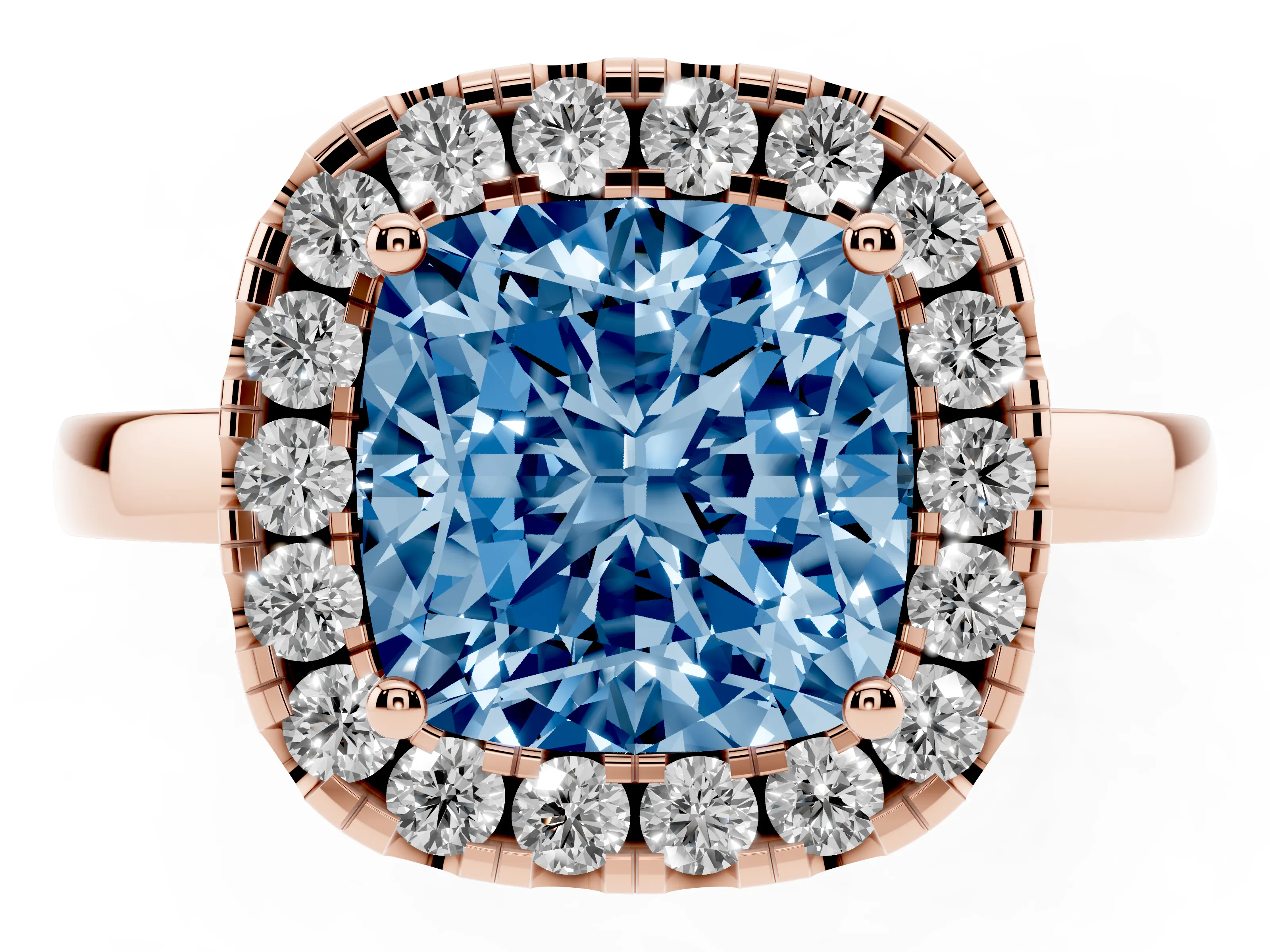Fancy Blue Cushion Cut Diamond Halo Solitaire Ring Set in Rose gold with Pavé Band and Prong Setting