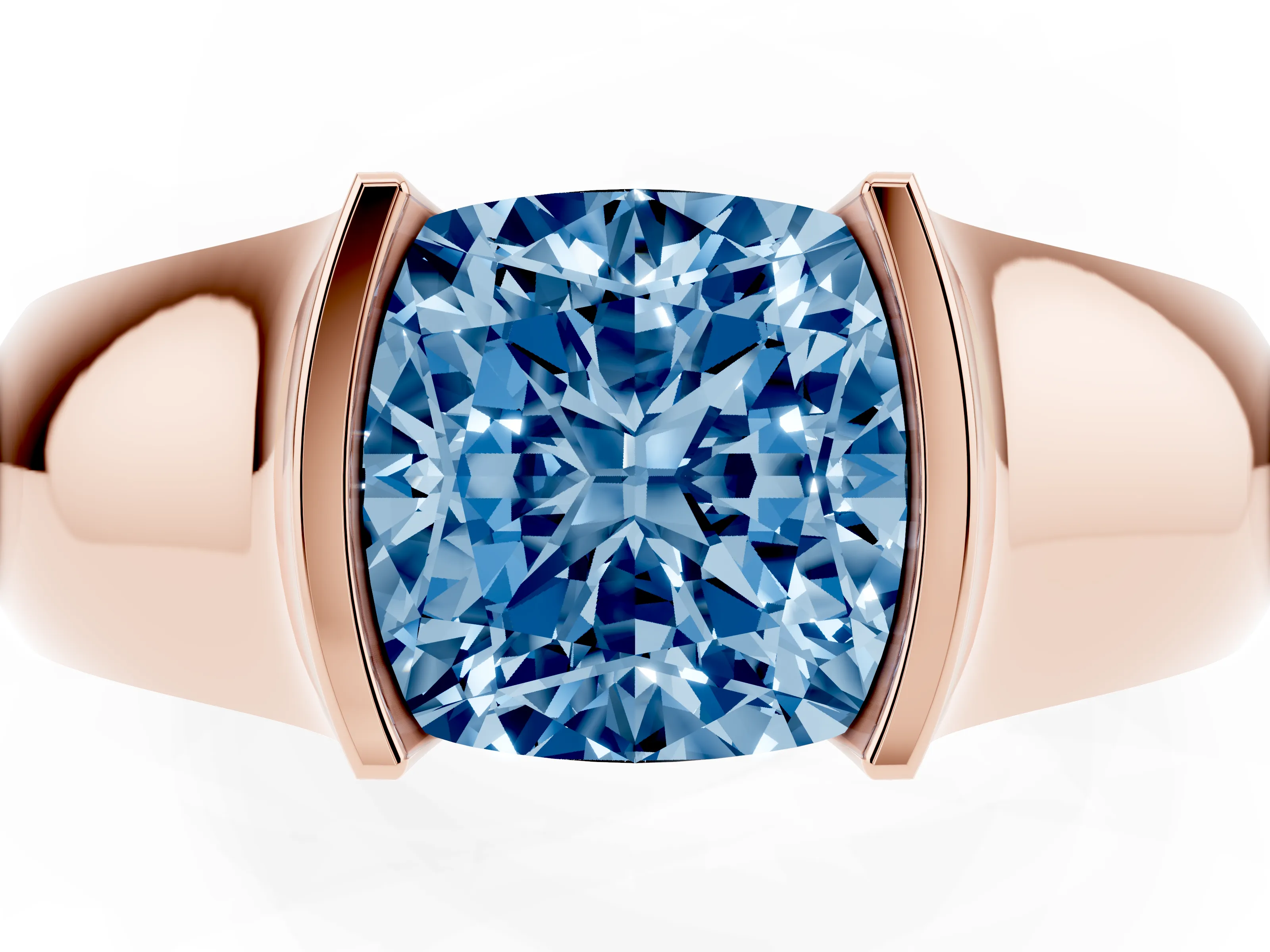 Fancy Blue Cushion Cut Diamond Bezel Solitaire Ring Set in Rose gold with Wide Band