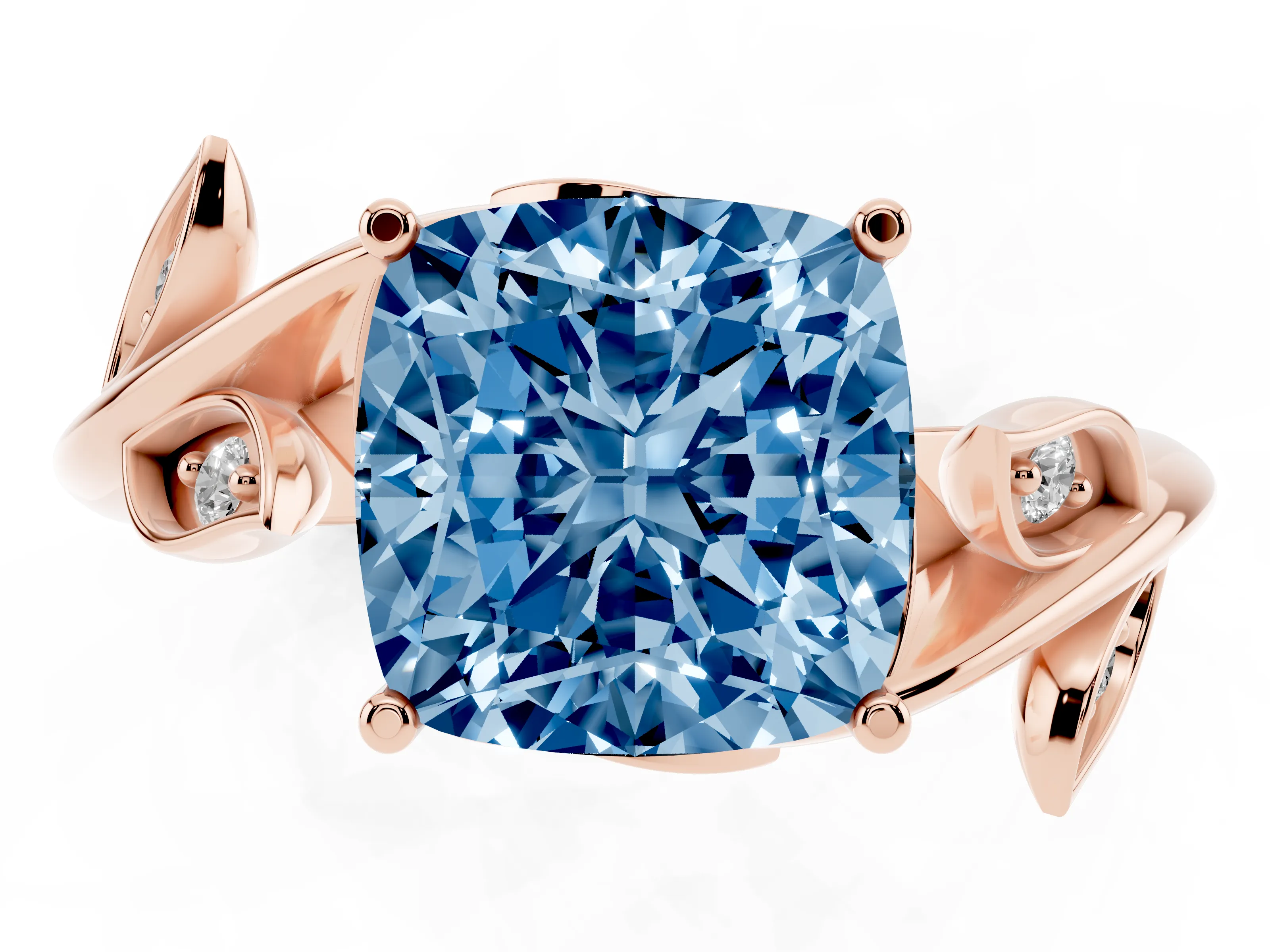 Fancy Blue Cushion Cut Diamond Solitaire Twist Engagement Ring Set in Rose gold with Pavé Leaf Accents