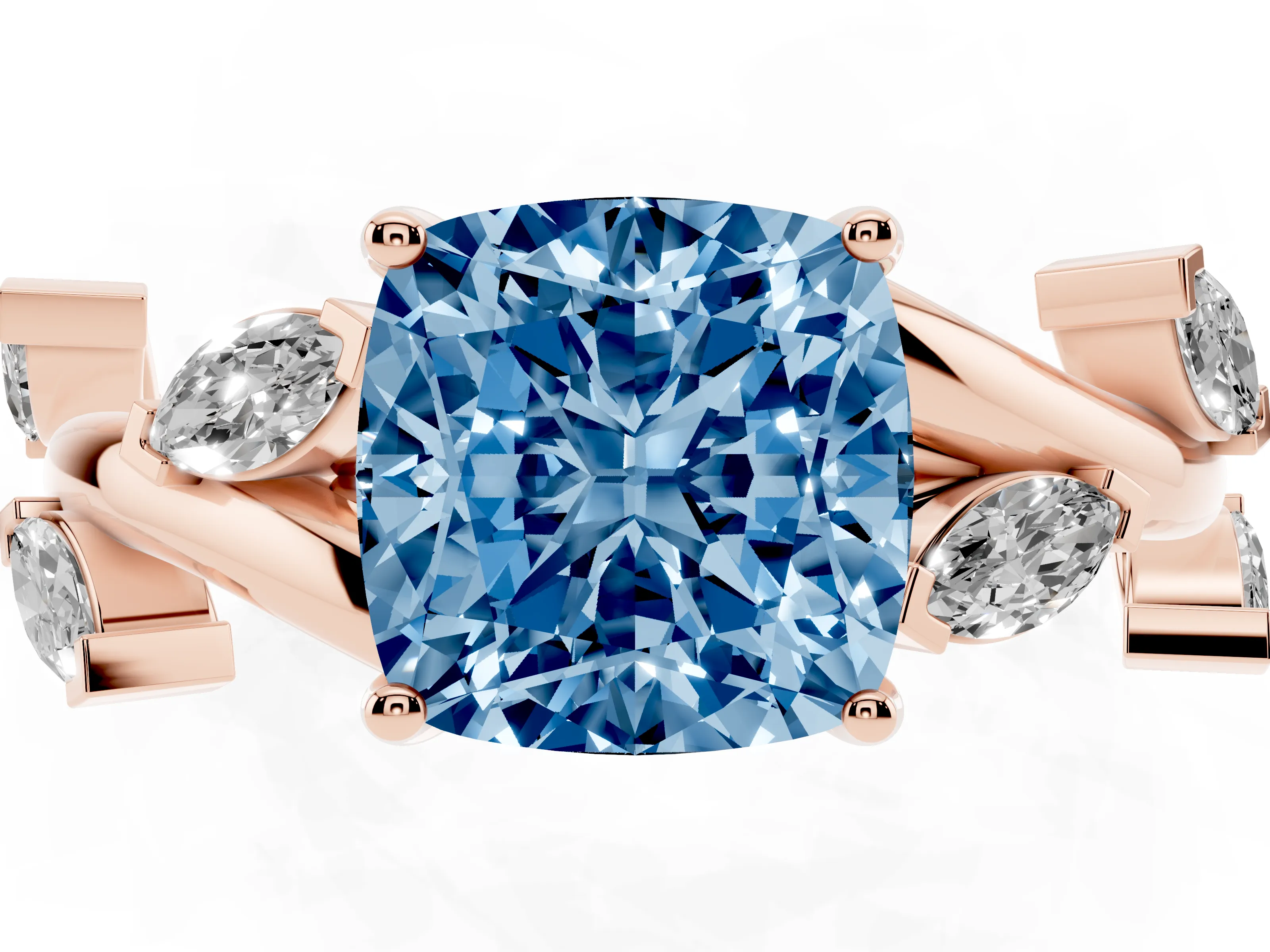 Fancy Blue Cushion Cut Diamond Solitaire Ring Set in Rose gold with Twisted Marquise Accent Band