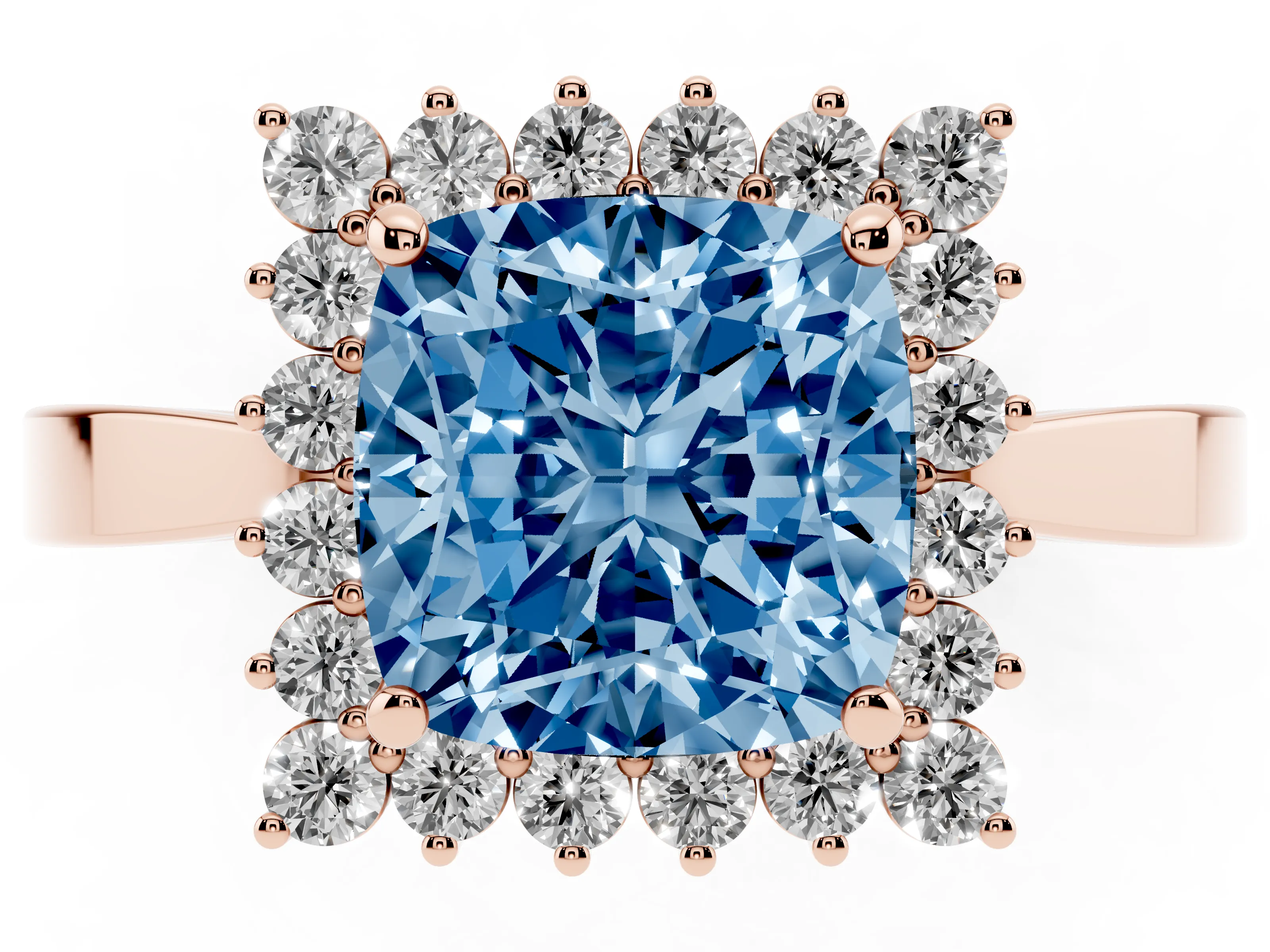Fancy Blue Cushion Cut Diamond Halo Ring Set in Rose gold with Round Halo and Smooth Solitaire Band