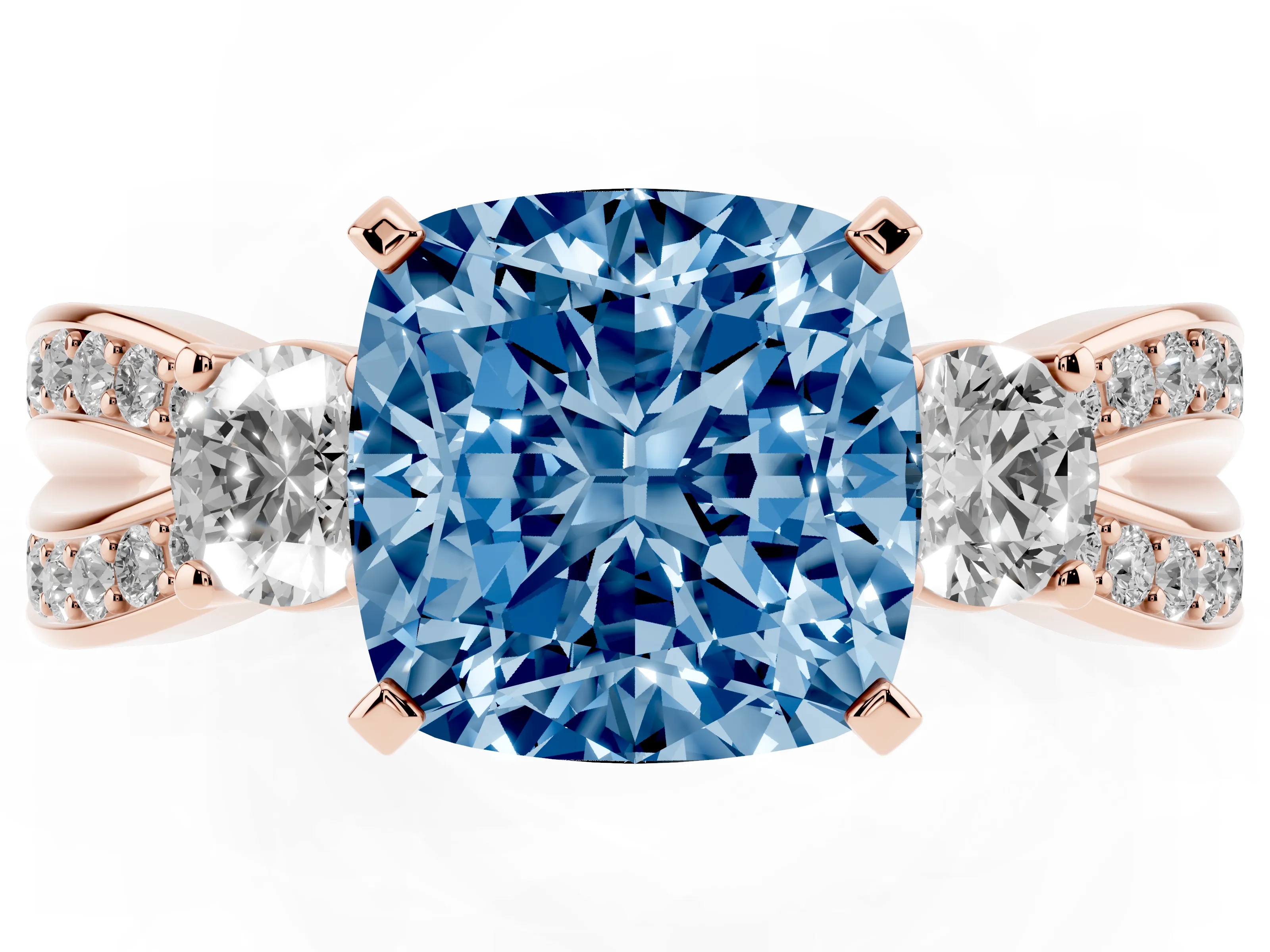 Fancy Blue Three-Stone Cushion Cut Diamond Twist Band Ring Set in Rose gold with Pavé Accents and Prong Setting