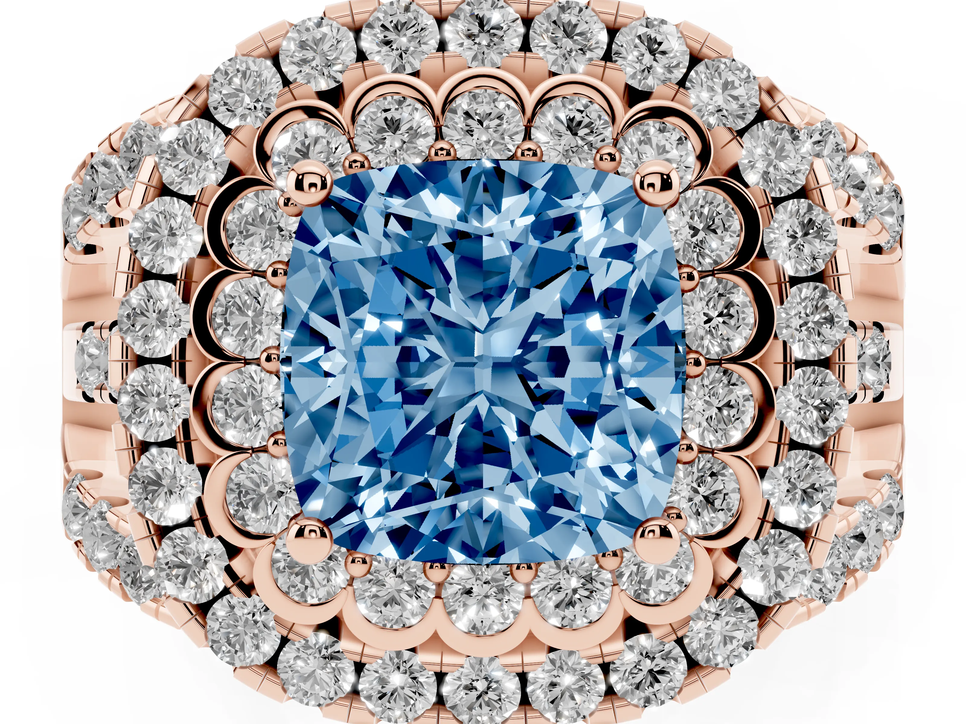Fancy Blue Cushion Cut Diamond Double Halo Ring Set in Rose gold with Round Pavé Split Shank