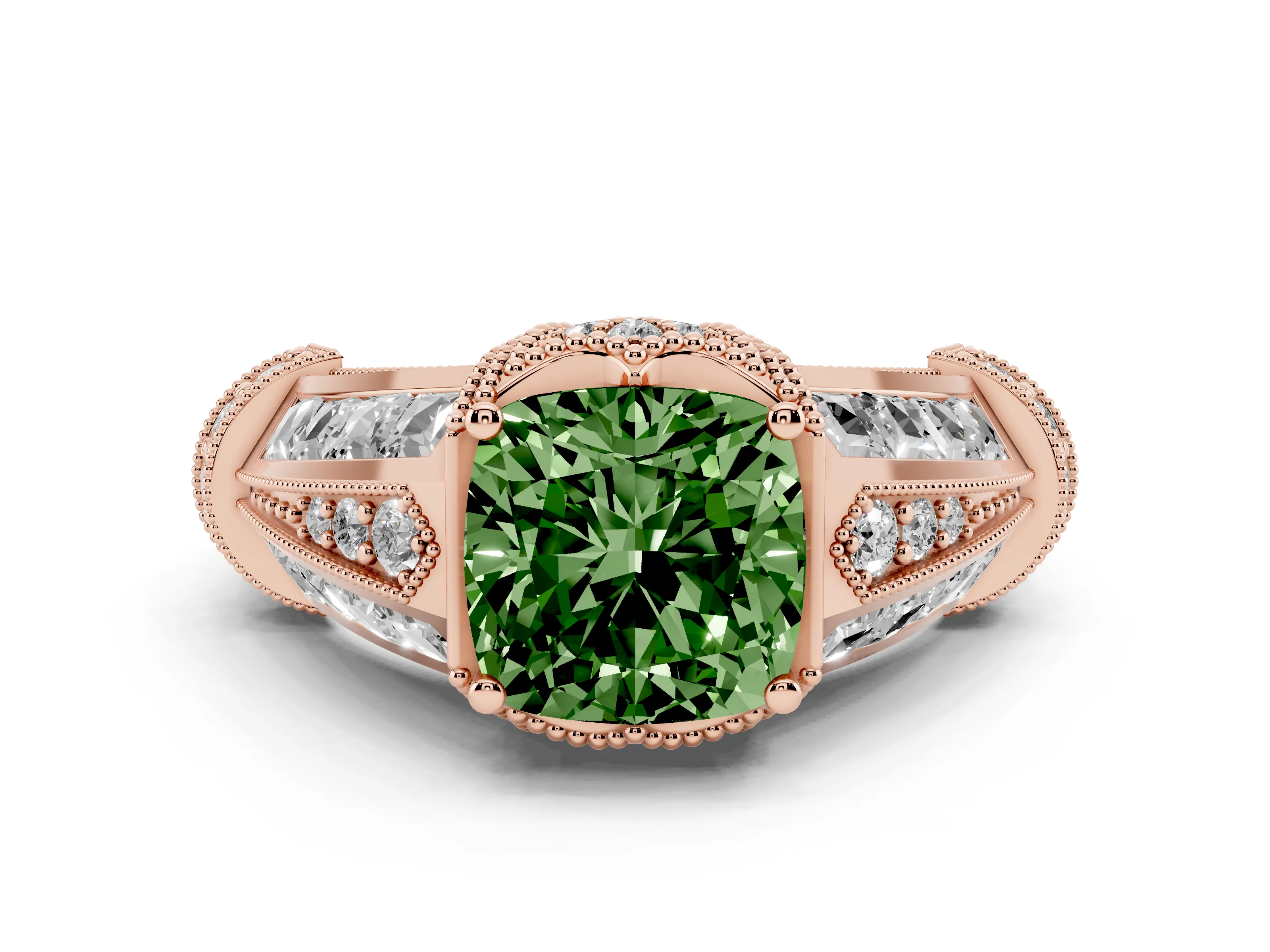 Fancy Green Cushion Cut Diamond Vintage-Inspired Milgrain Ring Set in Rose gold with Accent Split Shank