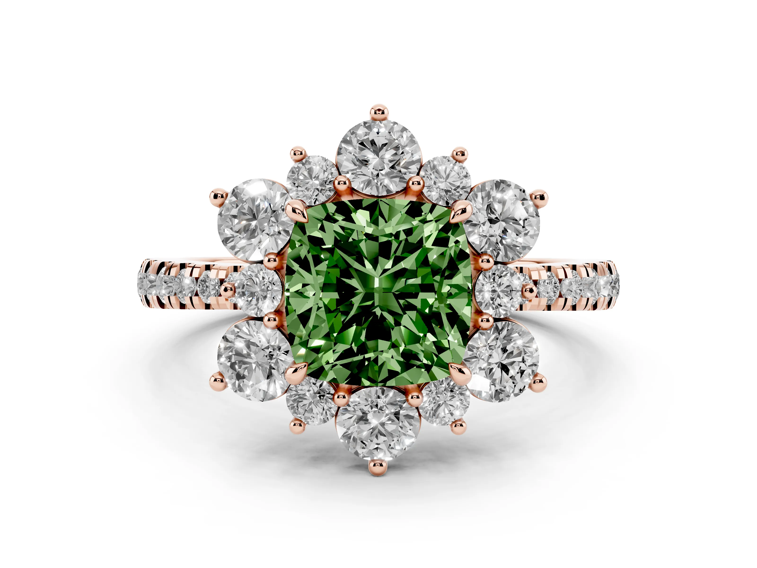 Fancy Green Cushion Cut Diamond Floral Halo Ring Set in Rose gold with Round Pavé Band and Prong Setting