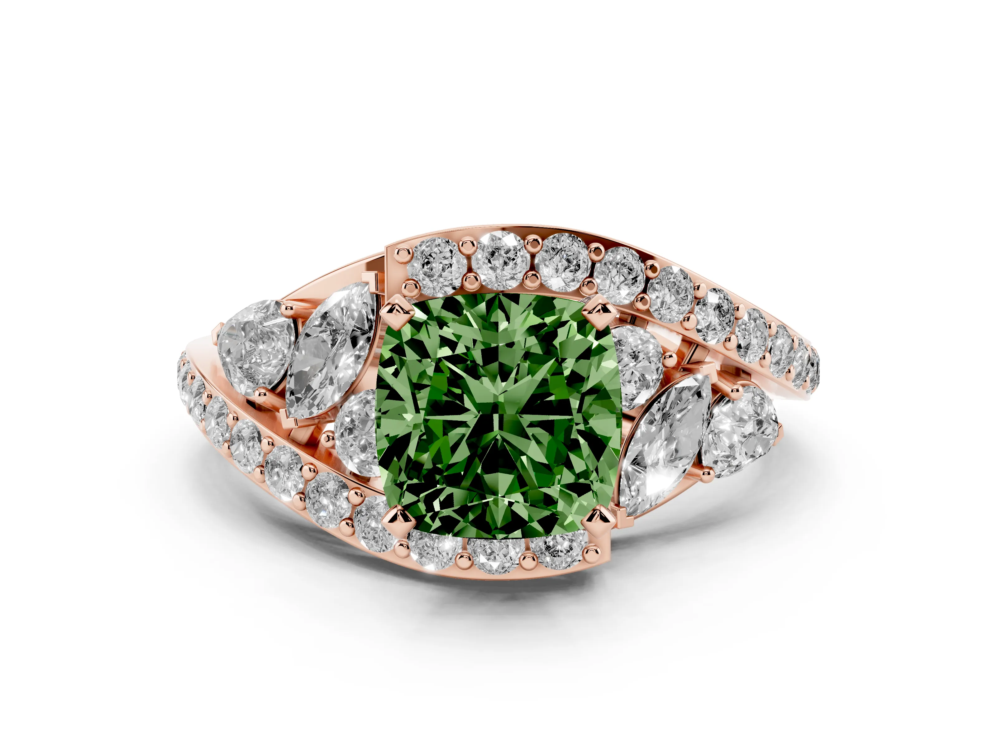 Fancy Green Cushion Cut Diamond Halo Ring Set in Rose gold with Marquise and Pavé Band in Prong Setting