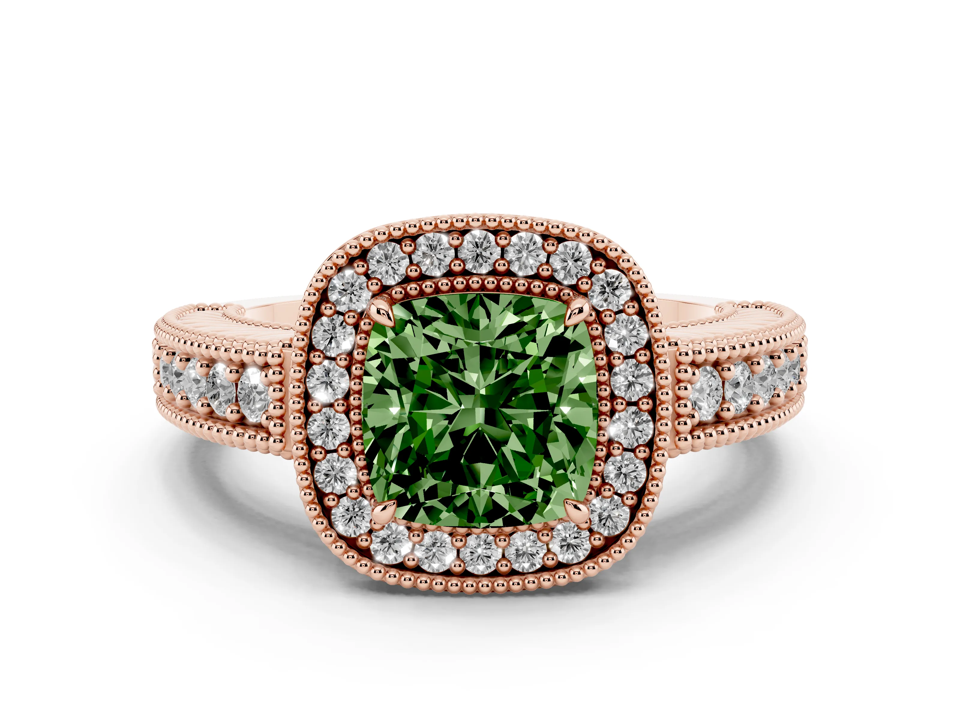 Fancy Green Cushion Cut Diamond Halo Ring Set in Rose gold with Round Accent Halo, Pavé Band and Prong Setting