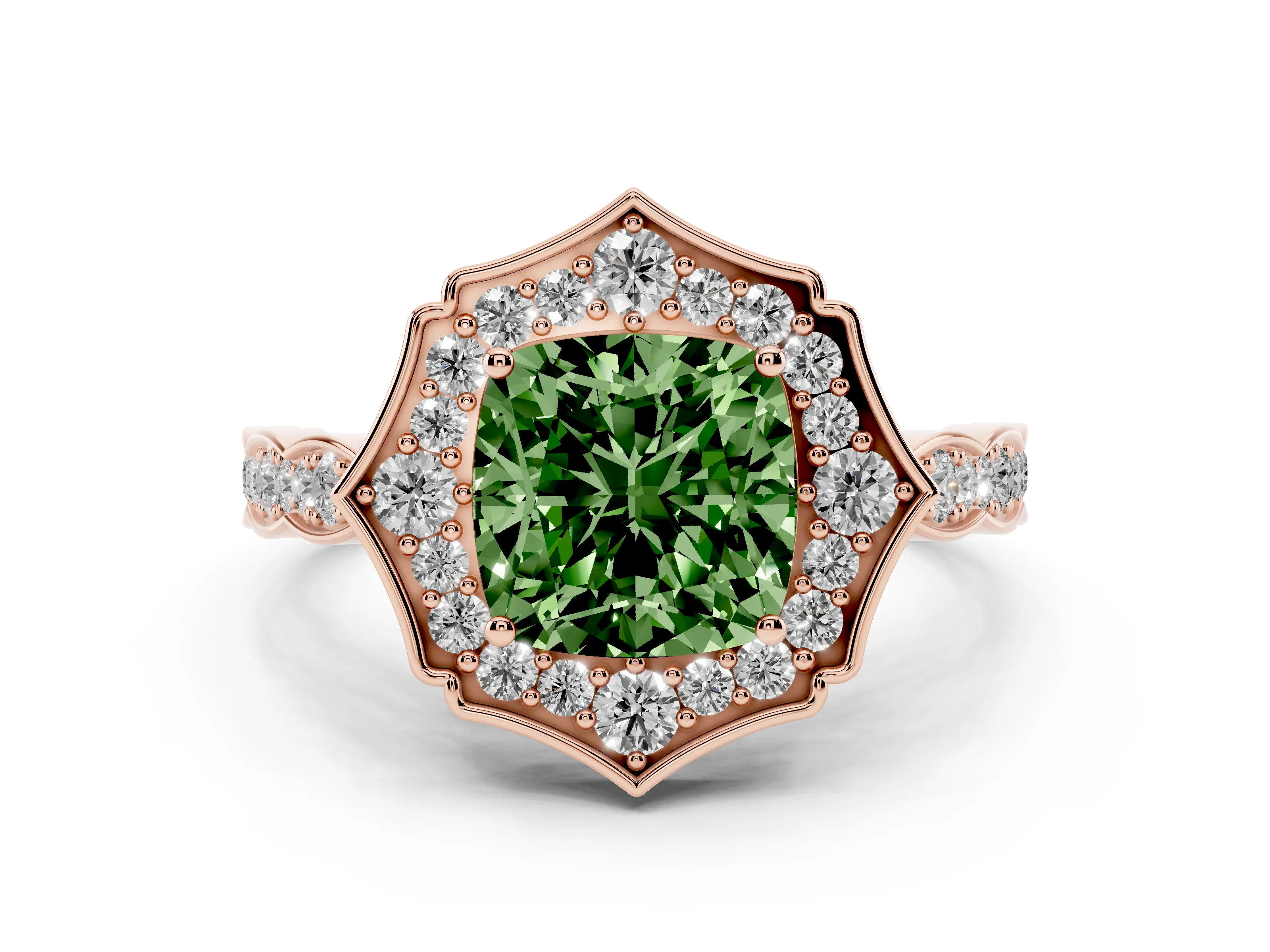 Fancy Green Cushion Cut Diamond Halo Engagement Ring Set in Rose gold with Milgrain Band and Prong Setting