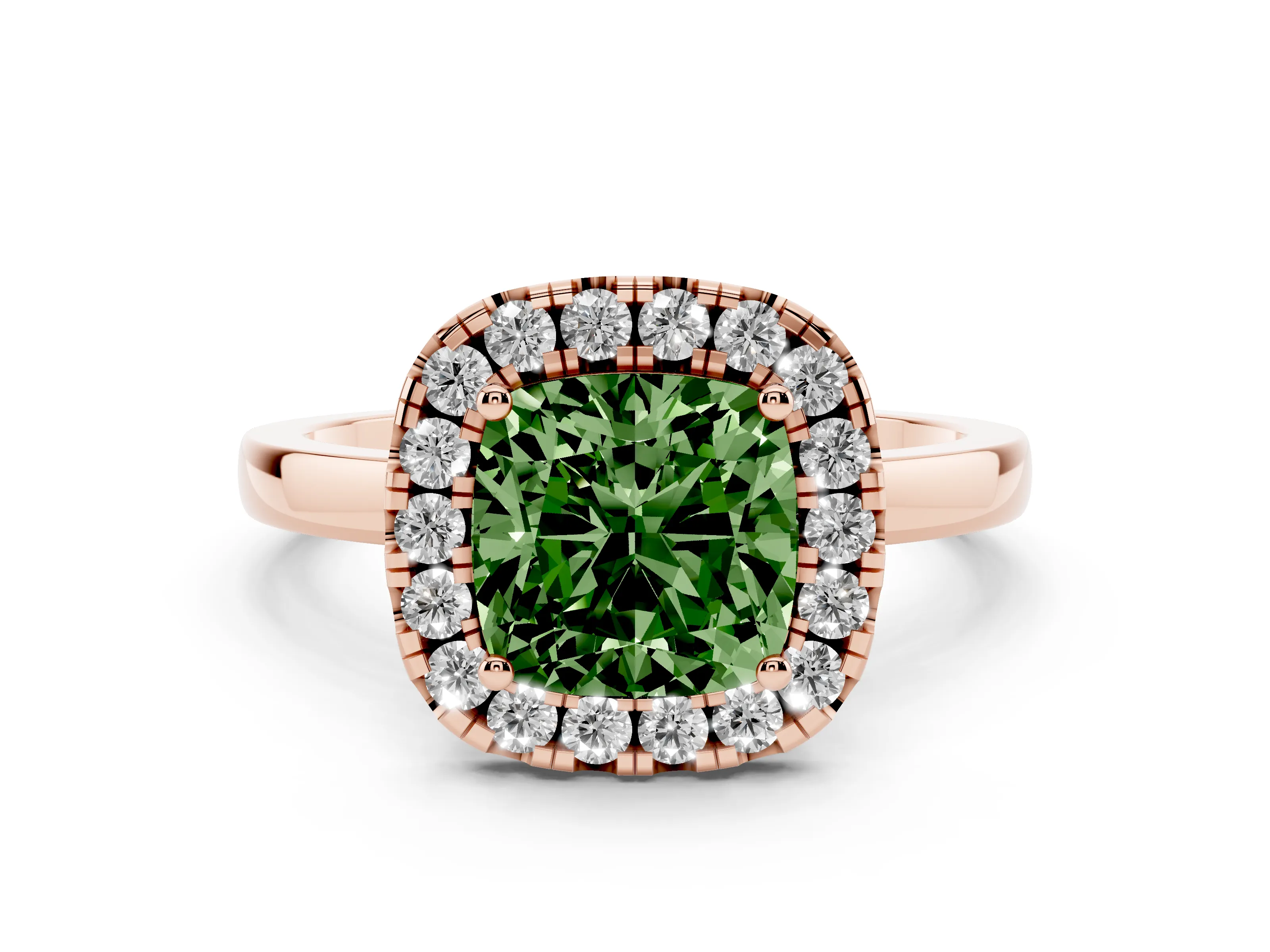 Fancy Green Cushion Cut Diamond Halo Solitaire Ring Set in Rose gold with Pavé Band and Prong Setting