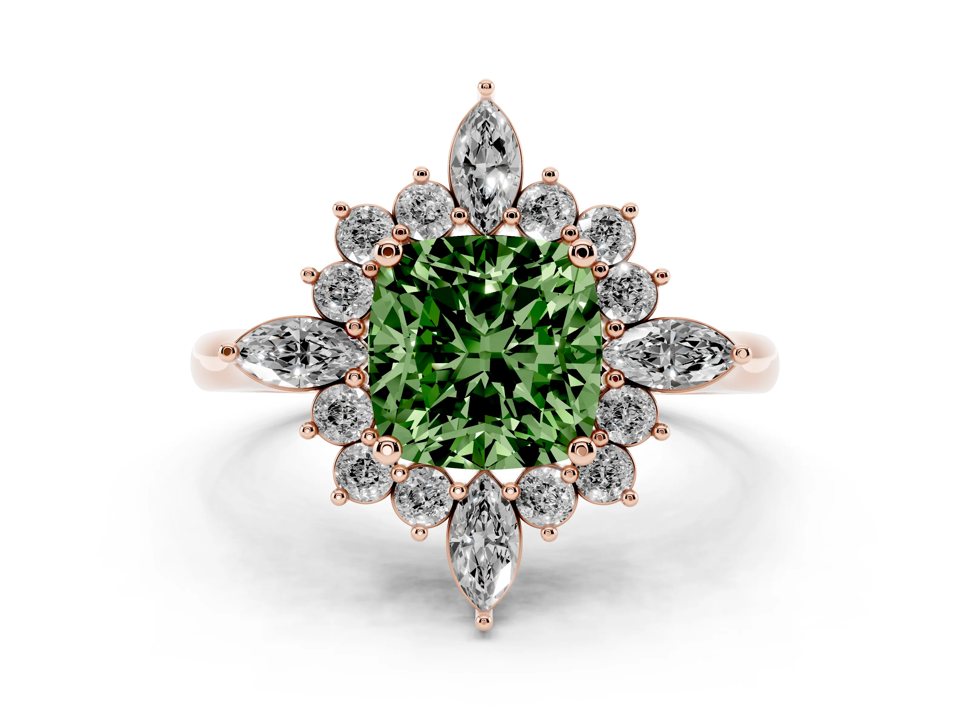 Fancy Green Cushion Cut Diamond Cluster Halo Ring Set in Rose gold with Marquise and Round Accents