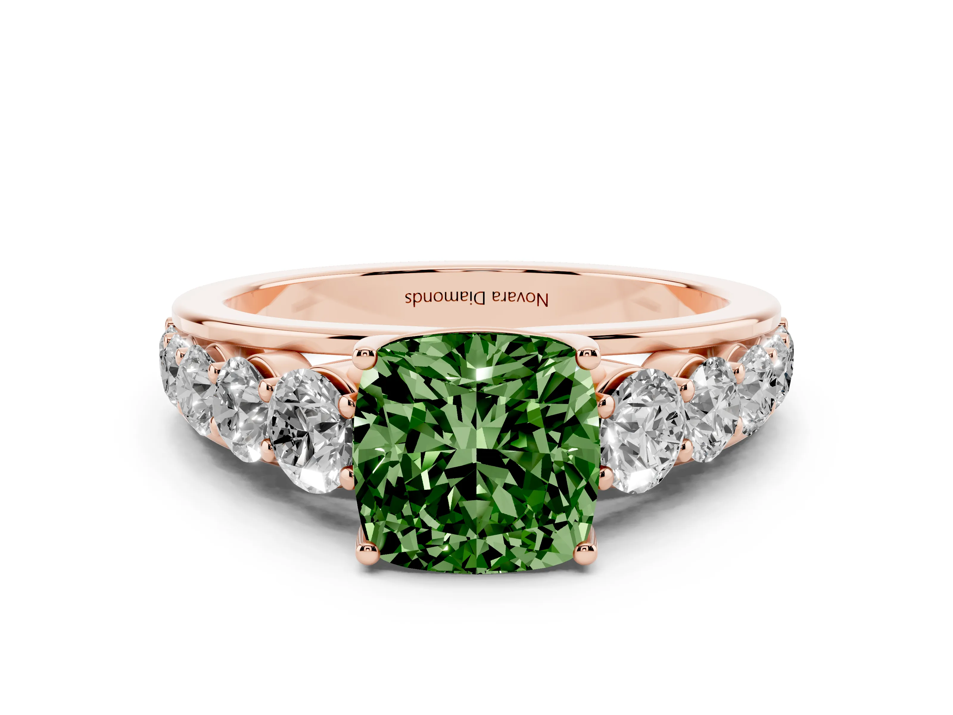 Fancy Green Cushion Cut Diamond Solitaire Ring Set in Rose gold with Pavé-Set Band and Prong Setting