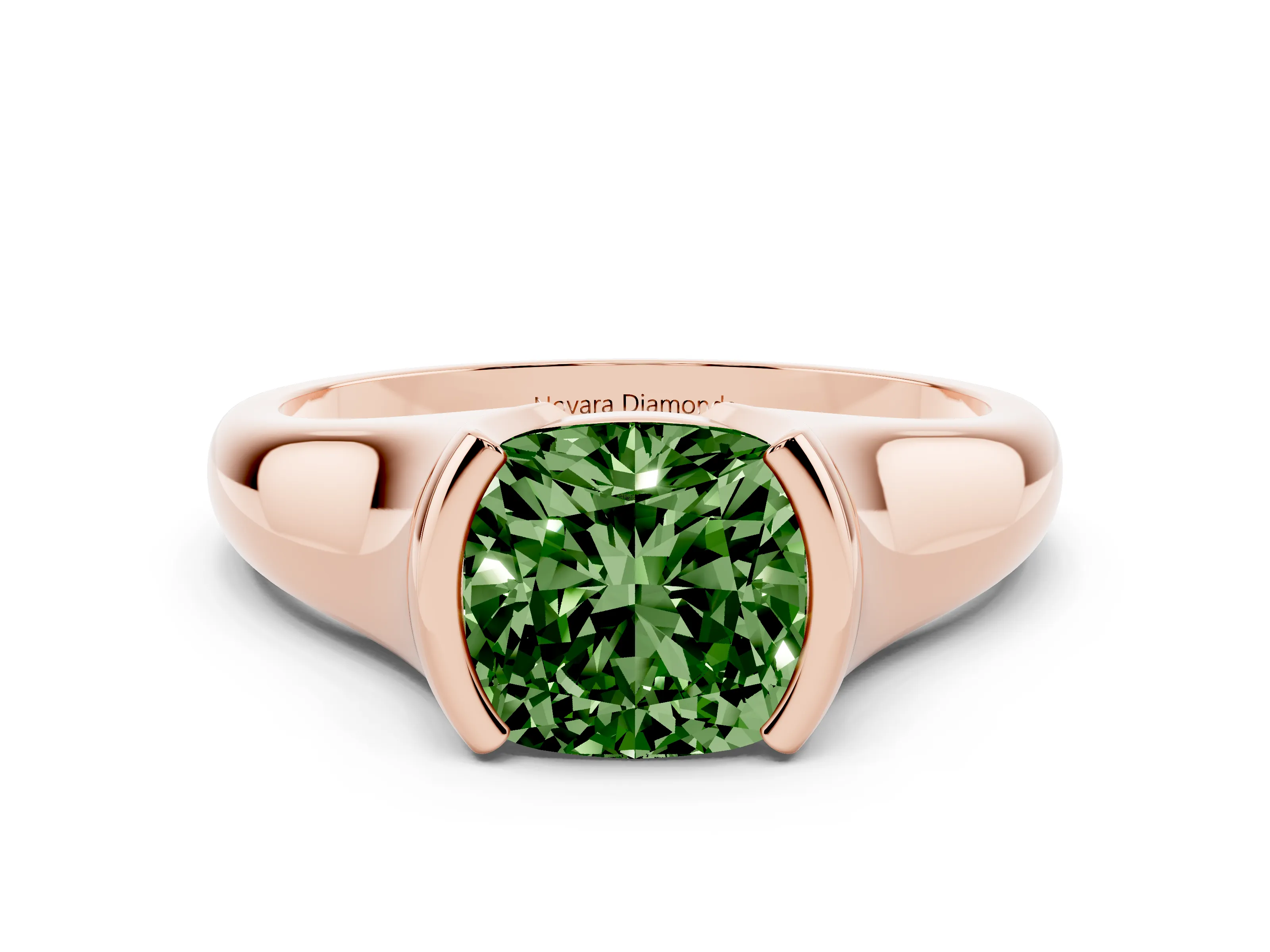 Fancy Green Cushion Cut Diamond Solitaire Tension Set Ring Set in Rose gold with Split Shank Band