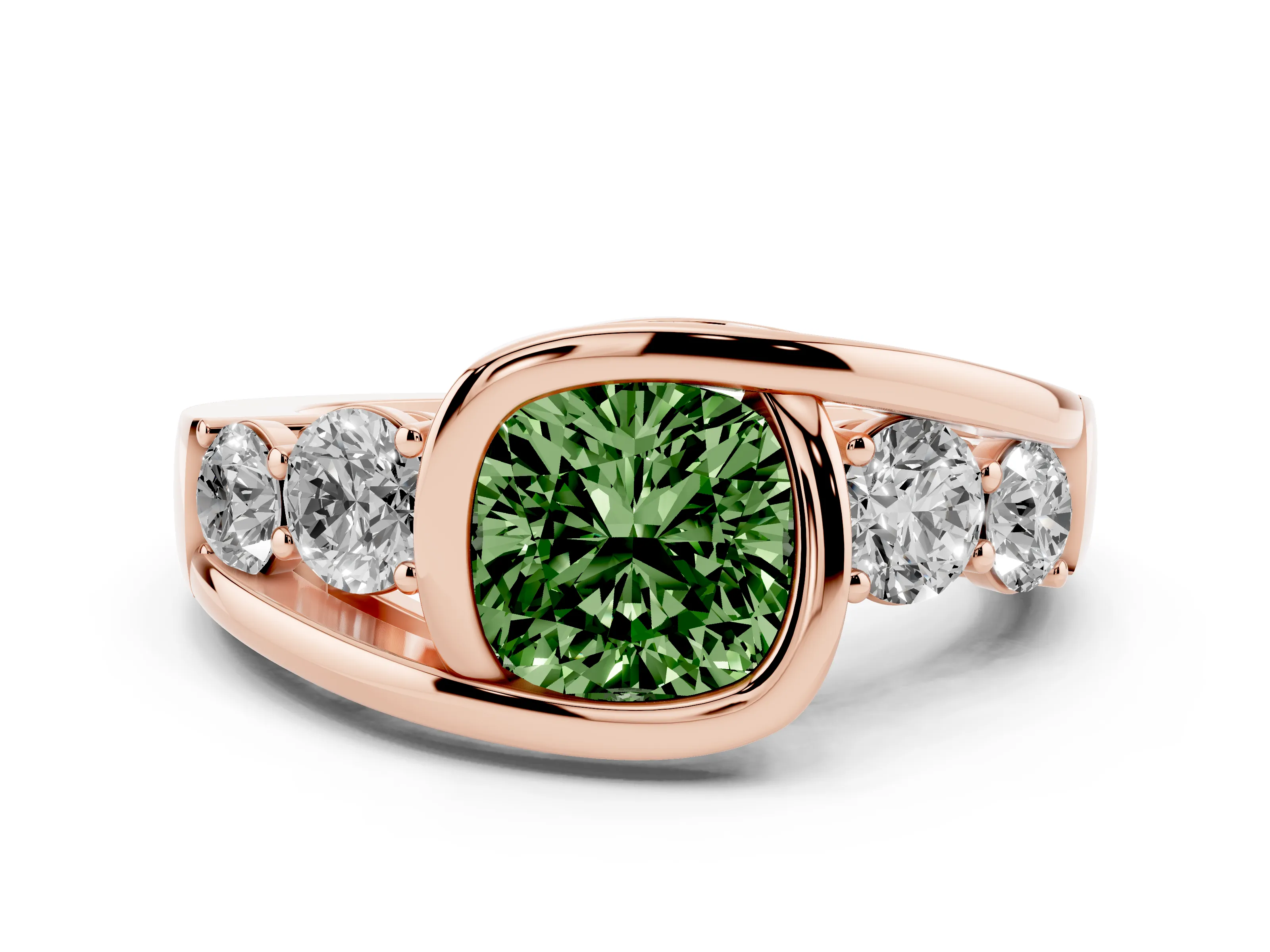 Fancy Green Cushion Cut Diamond Bezel Bypass Ring Set in Rose gold with Round Accents