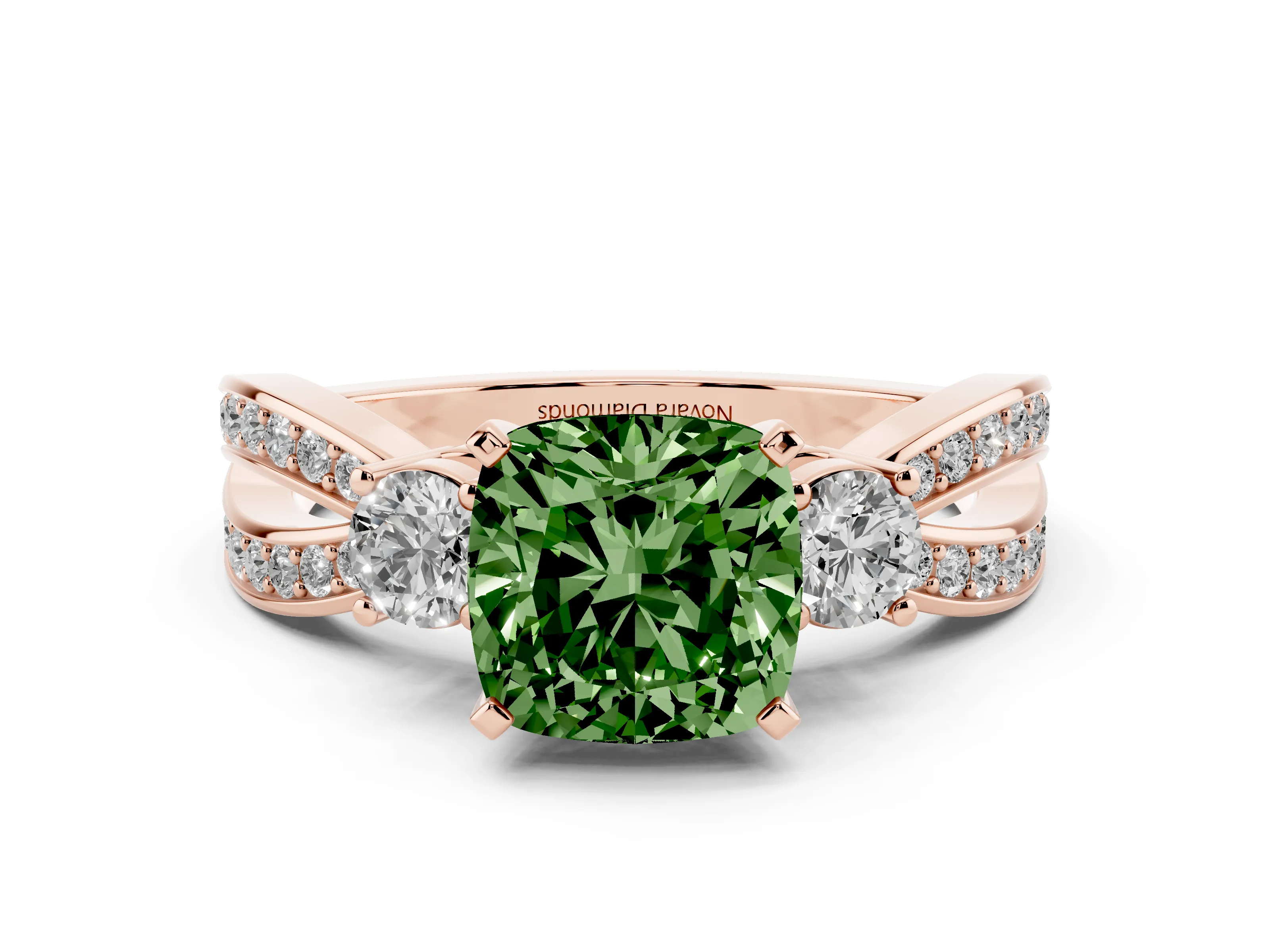 Fancy Green Three-Stone Cushion Cut Diamond Twist Band Ring Set in Rose gold with Pavé Accents and Prong Setting