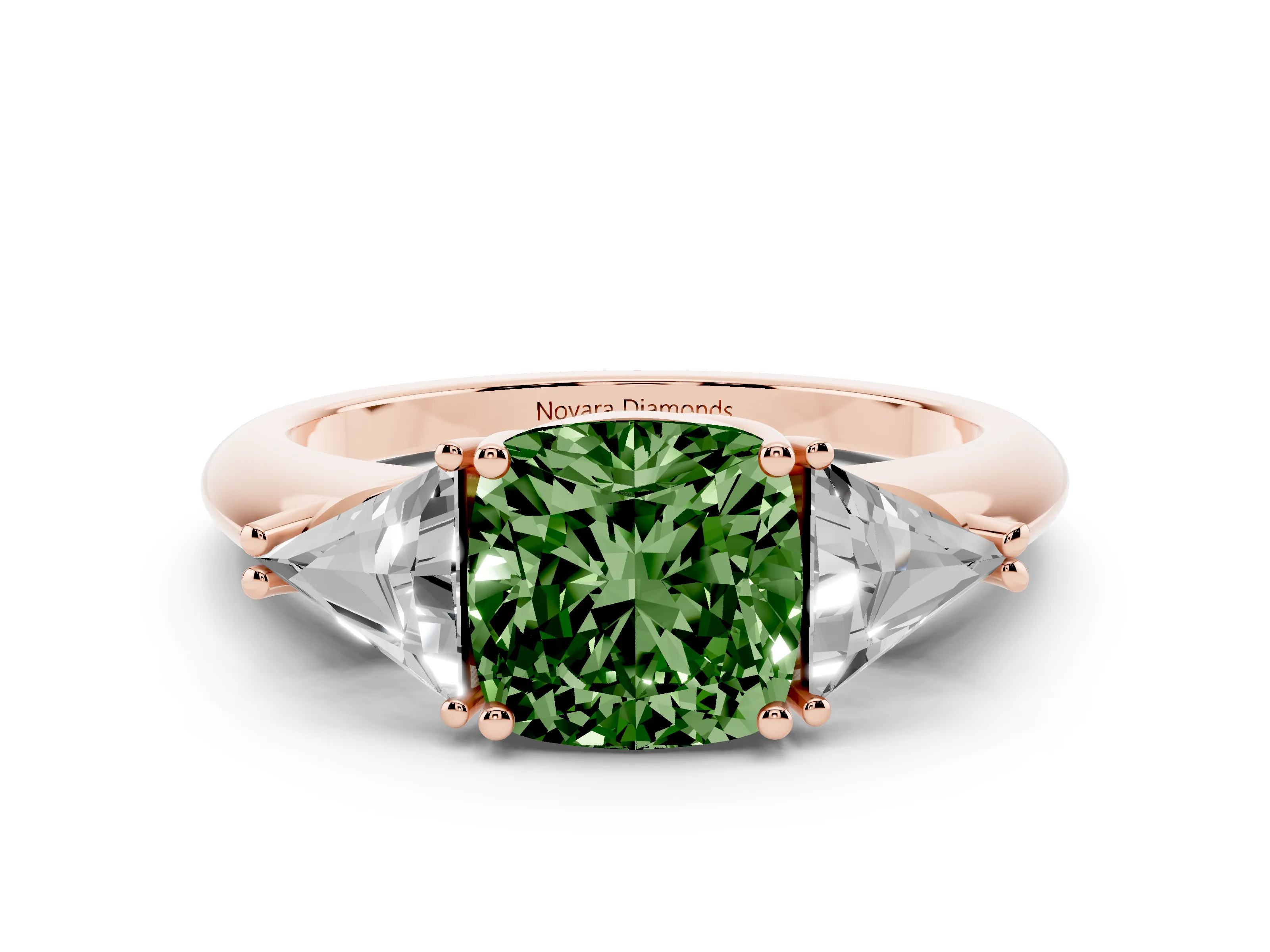 Fancy Green Cushion Cut Diamond Three-Stone Engagement Ring Set in Rose gold with Trillion Side Stones