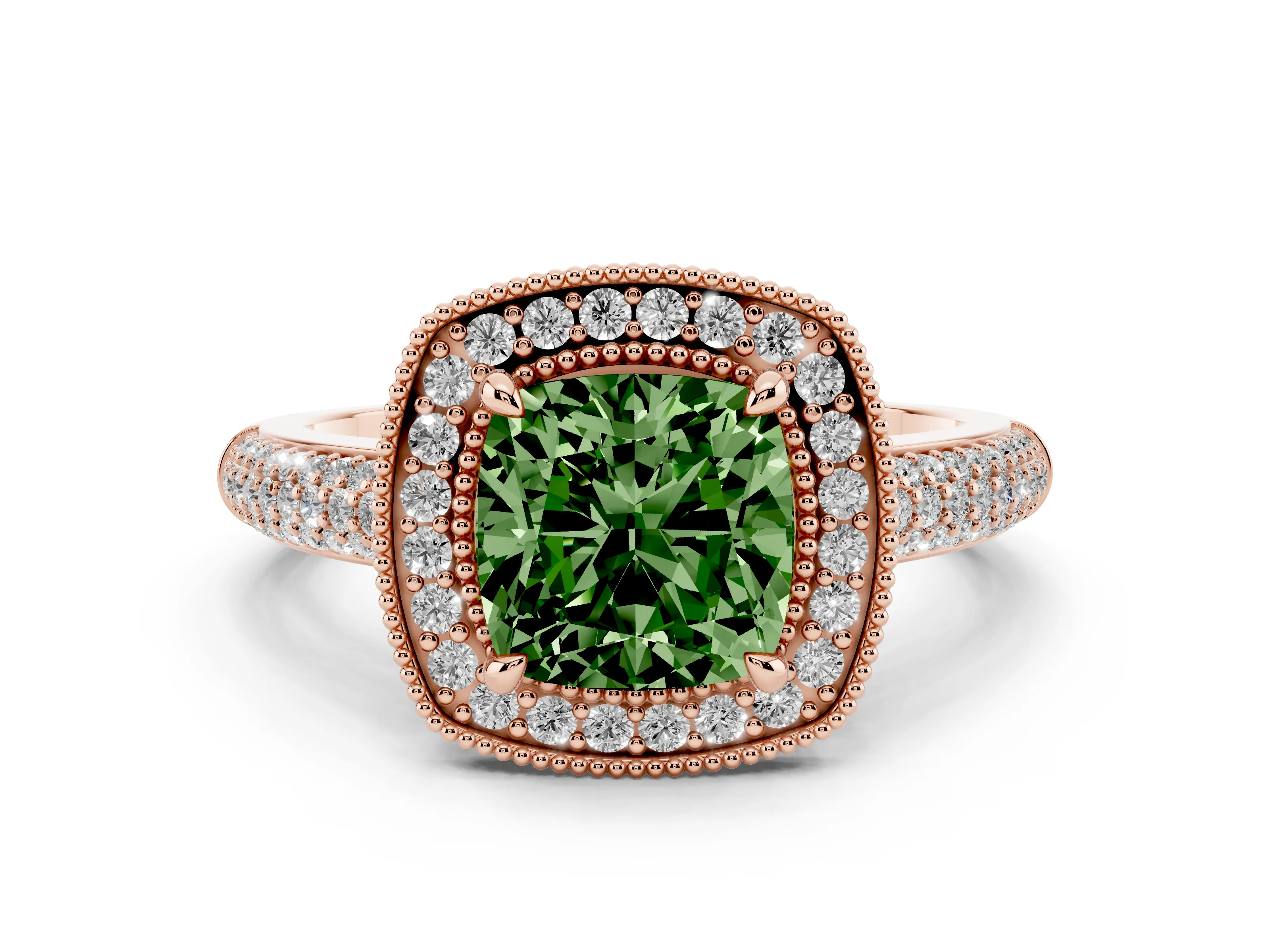 Fancy Green Cushion Cut Diamond Halo Pavé Band Set in Rose gold with Prong Setting