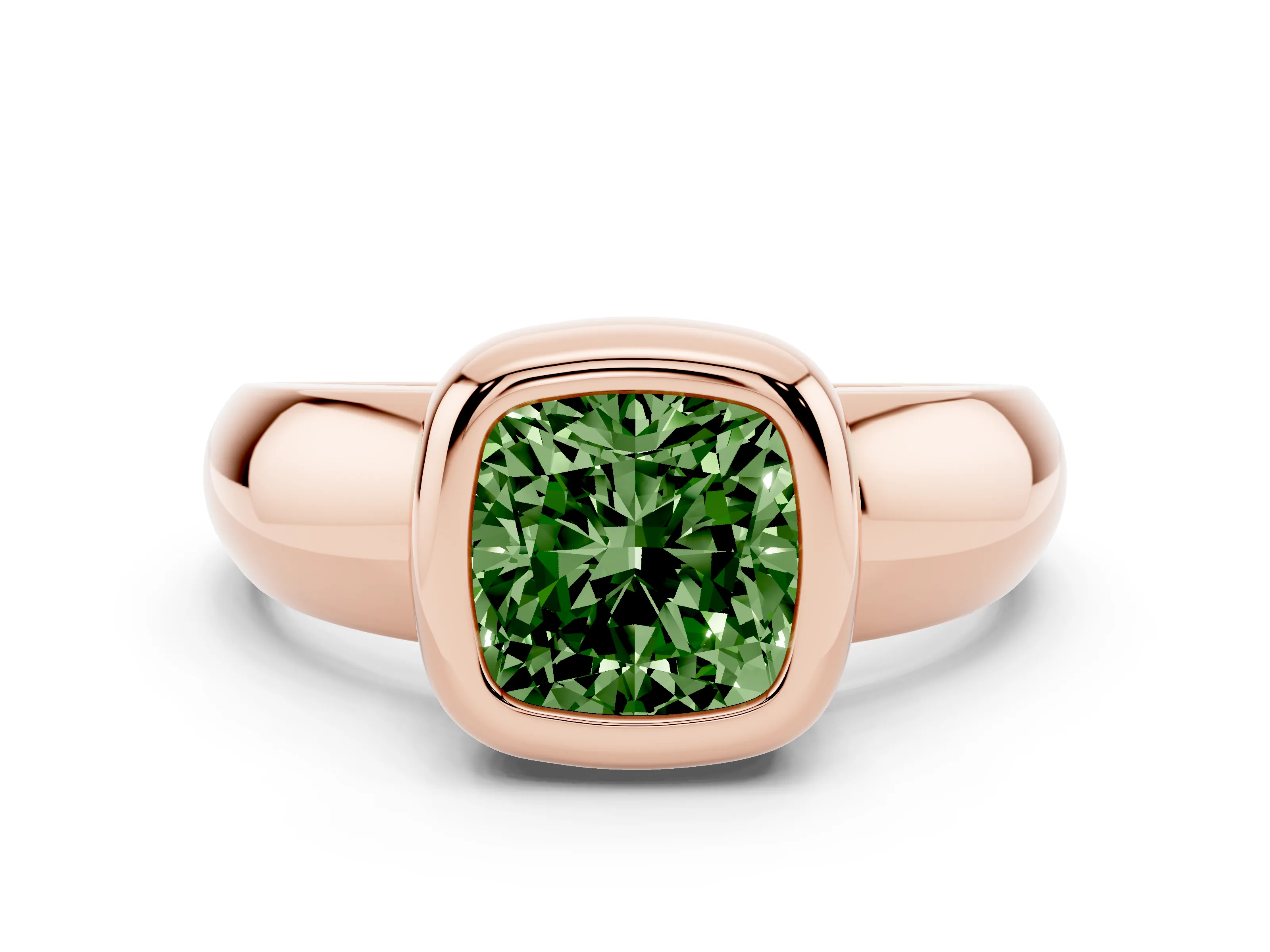 Fancy Green Bezel Set Cushion Cut Diamond Solitaire Ring Set in Rose gold with Wide Band